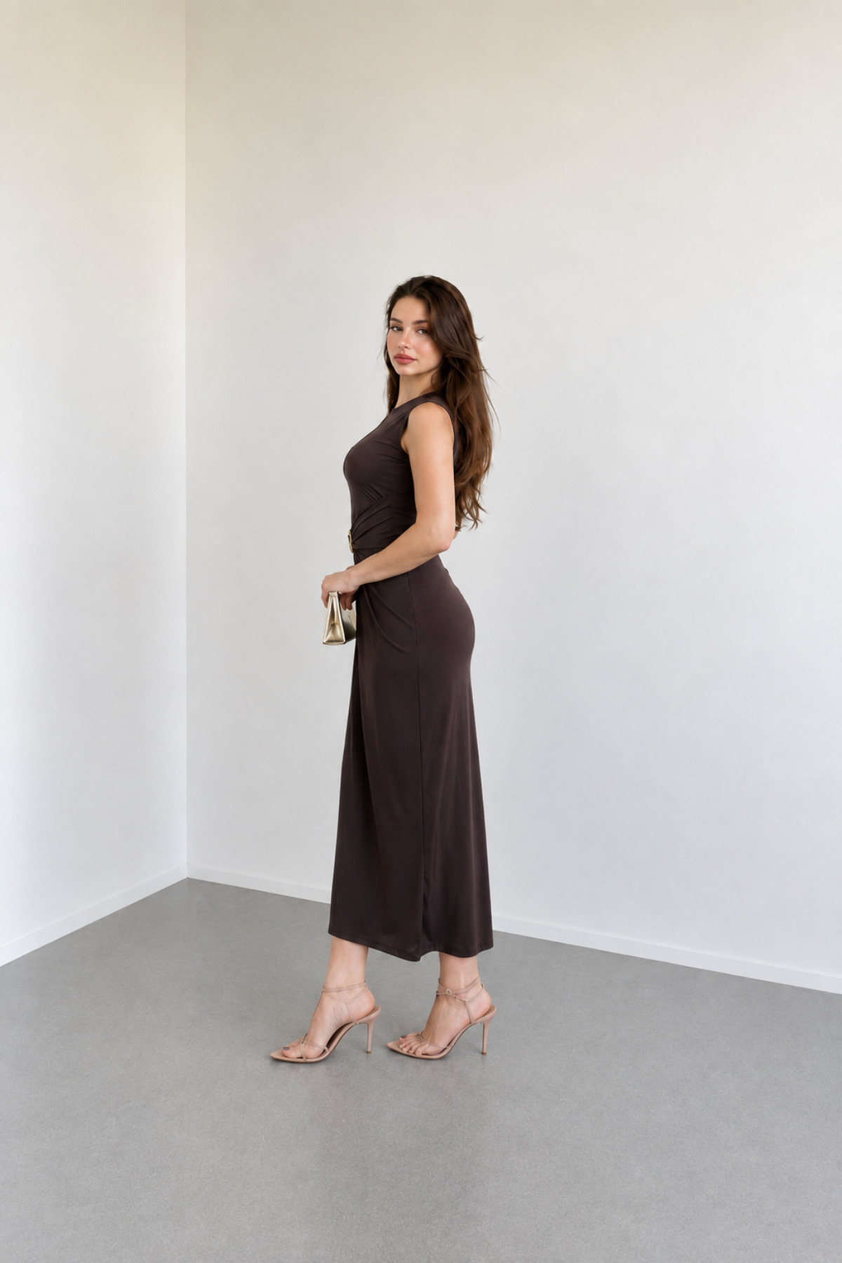 Nika Fashion Meloni Sıfır Kol Aksesuarlı Sandy Elbise görsel 2