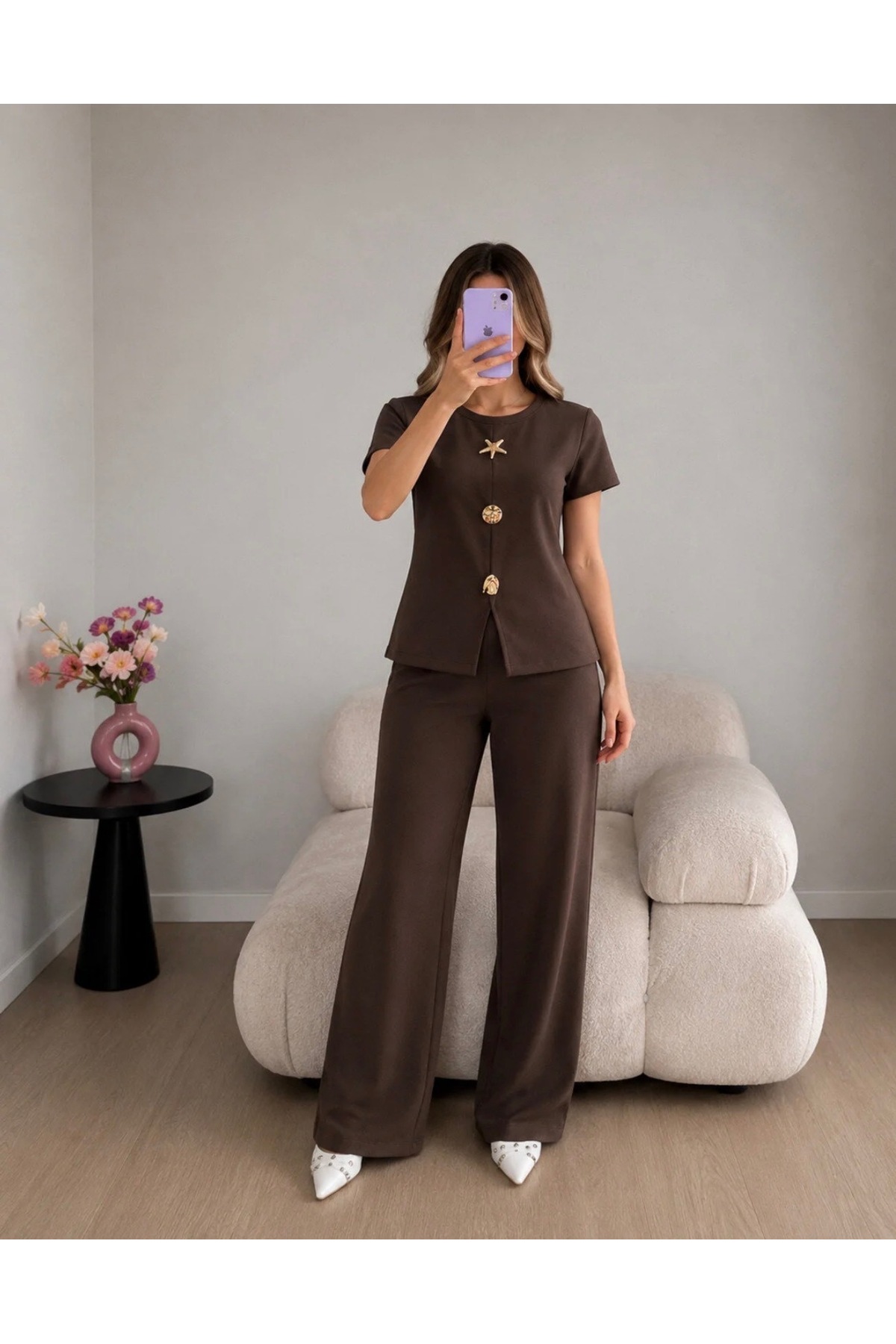 Ekim Store Brown Gold Star Accessory Blouse and Pants Set