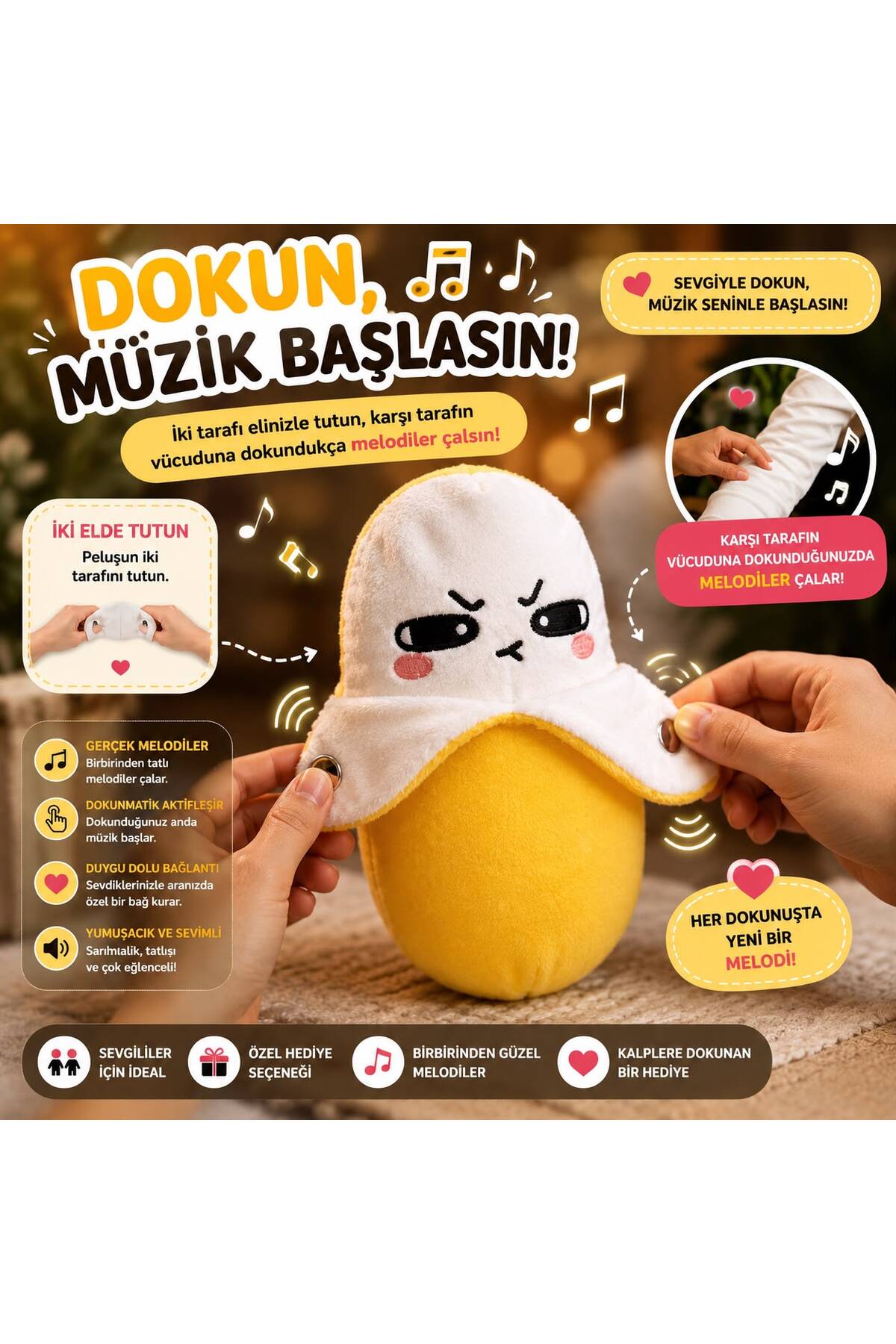 KOZMİK GİFT Tene,Vucuda ve Kola Dokununca Melodi Çalan Muz Peluş