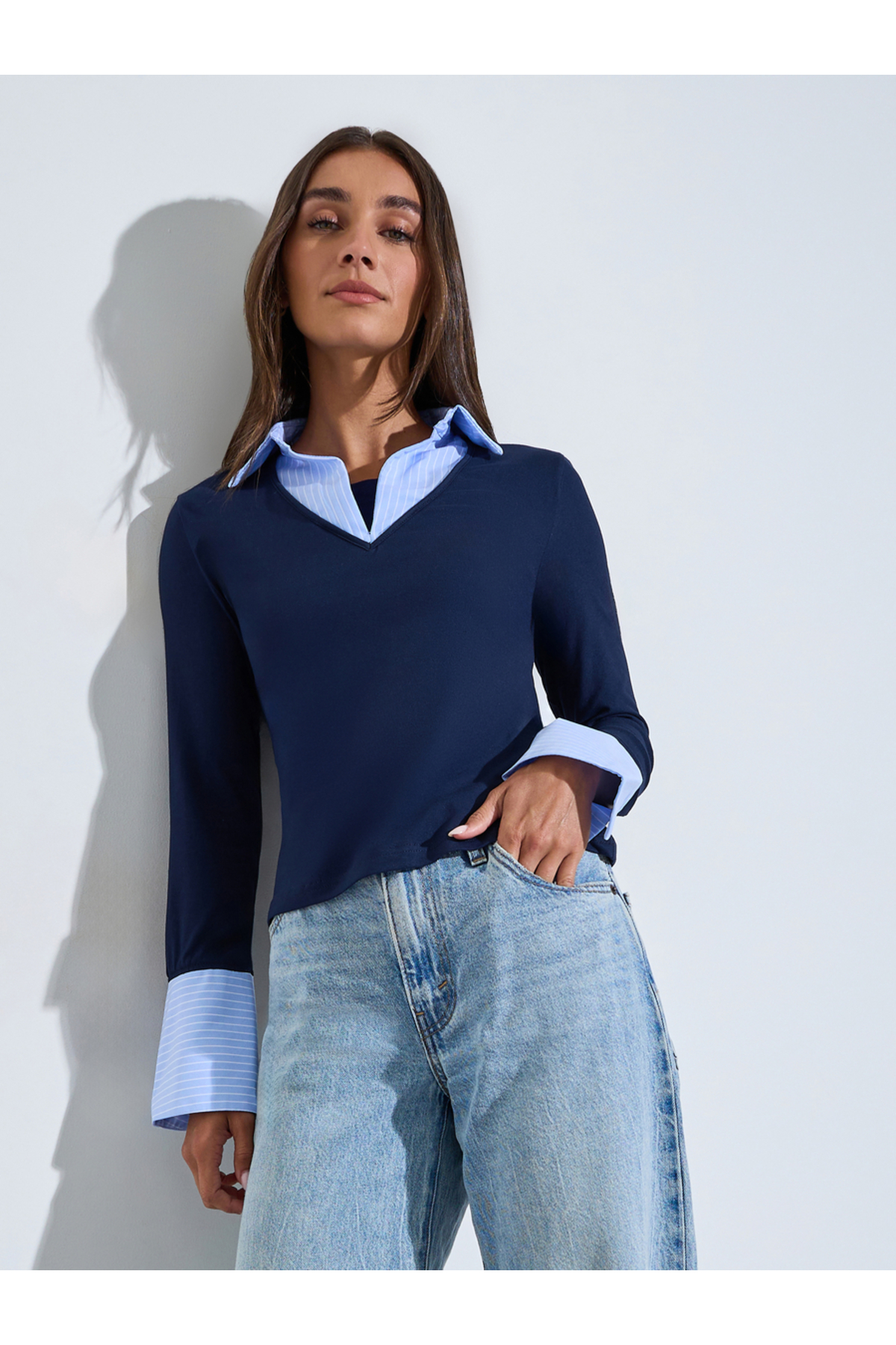 Styli Navy Blue Stripe Trim Collared Knit Twofer Top