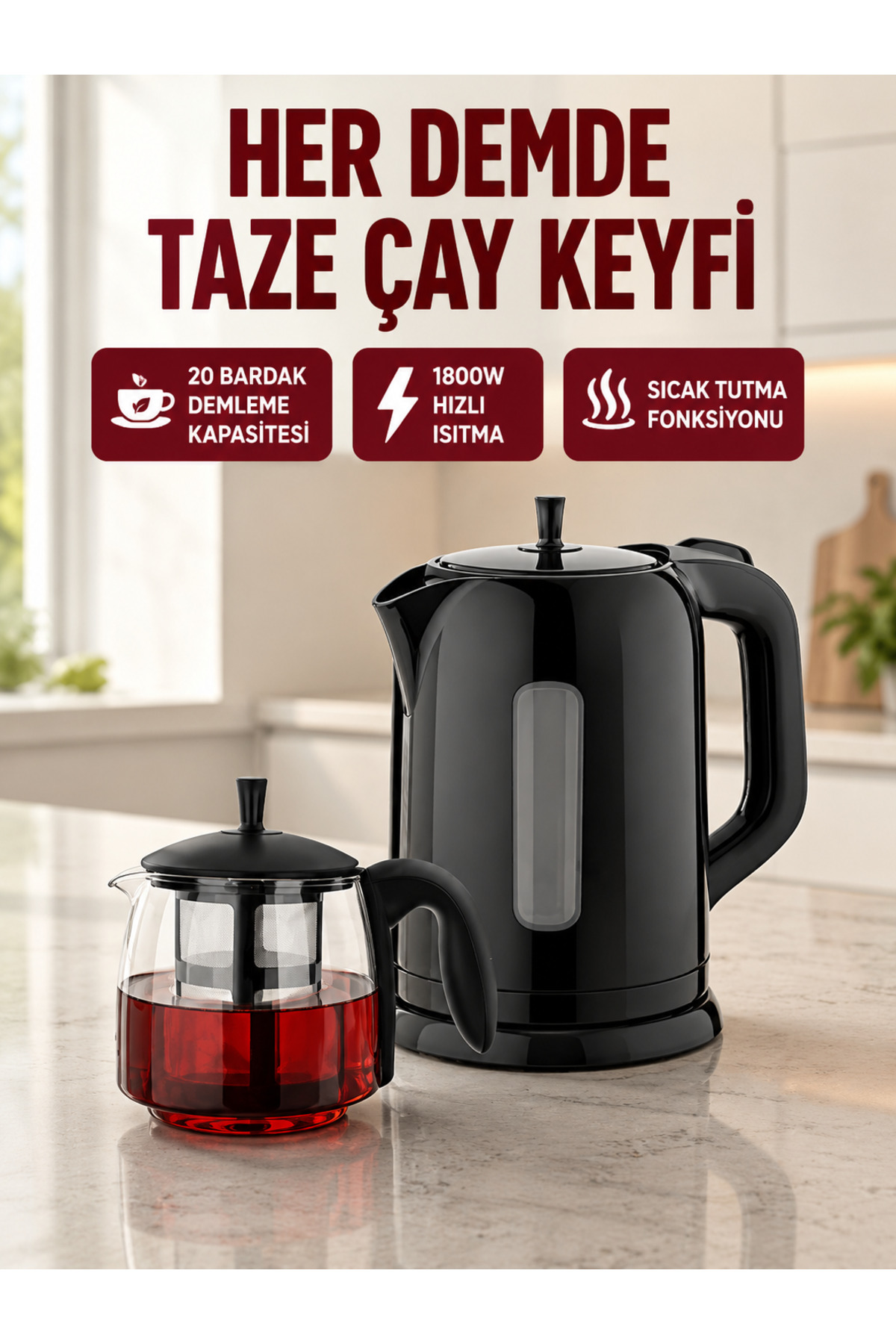 Genel Markalar ASTRALTECH Çaycı Cam Demlikli 1800W Güçlü ve Sıcak Tutmalı Elektrikli Çay Makinesi