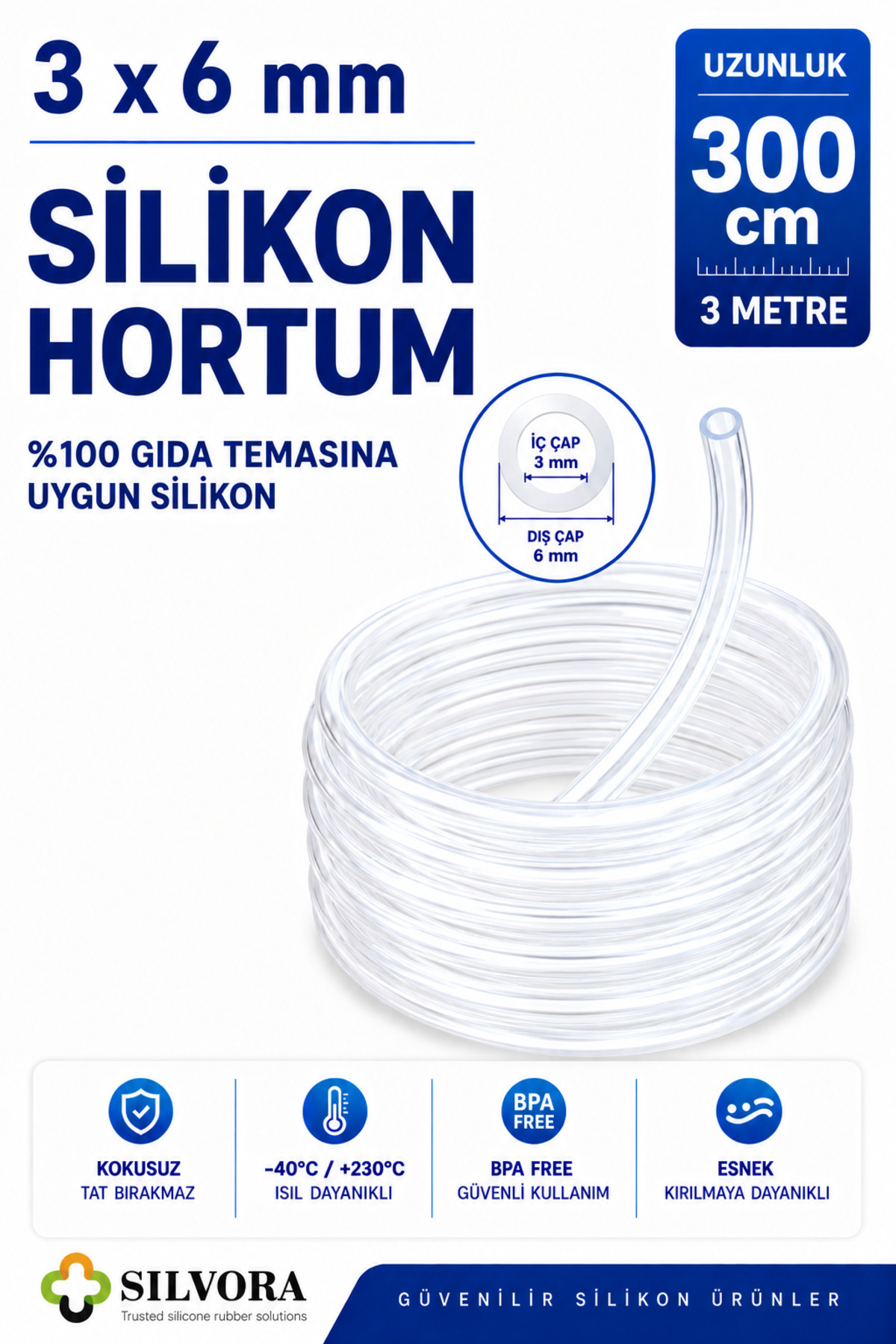 Silvora Trusted silicone rubber solutions %100 Silikon Hortum 3x6 mm-İç Çap 3 mm-Dış Çap 6 mm-3 metre-Gıda Temasına Uygun, Şeffaf, Esnek
