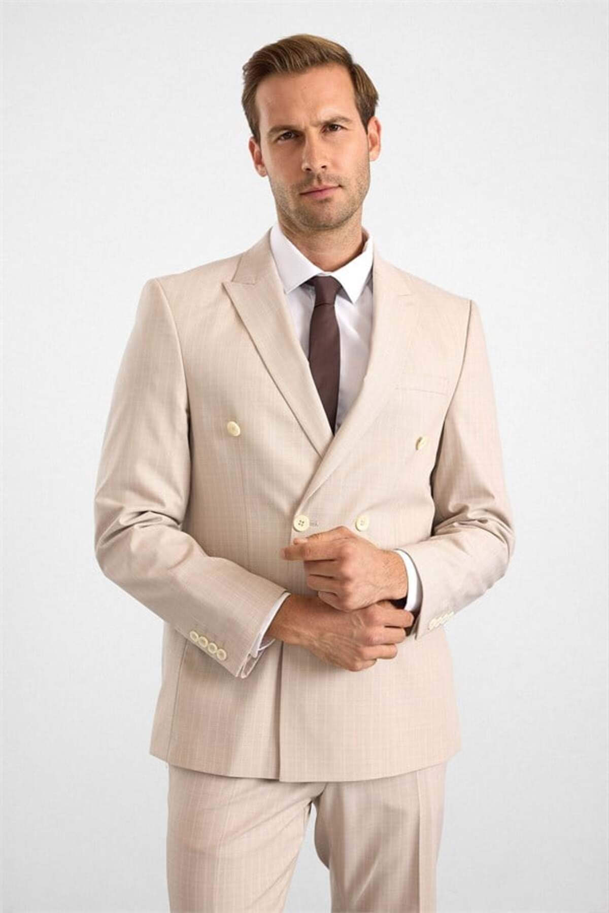 SÜVARİ Bej Slim Kruvaze Yaka 6 Drop Takım Elbise — بژ STK1006900006