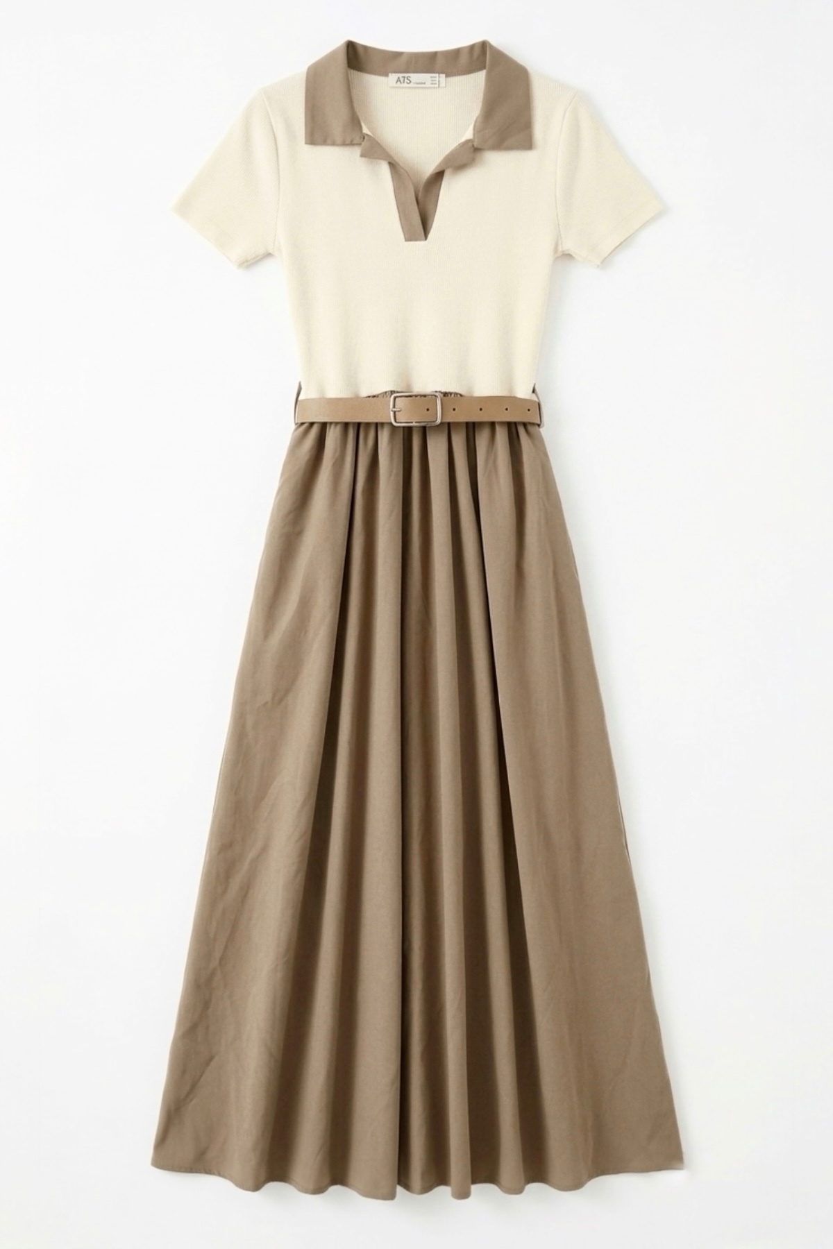 FEG STORE Parachute Skirt Shirt Collar Belt Detailed Short Sleeve Double Pocket Cream Women's Dress