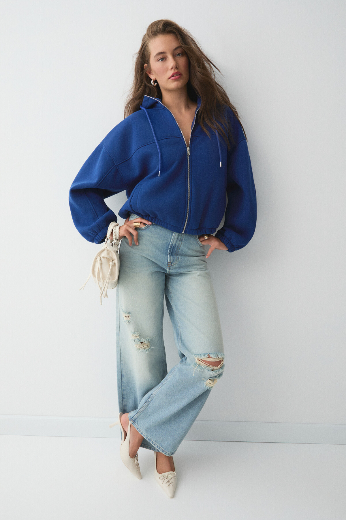 ETHIQUET VALIT Kadın Çift Cepli Eteği Ve Kol Ucu Lastikli Fermuarlı Oversize Saks Mavi Sweatshirt görsel 4