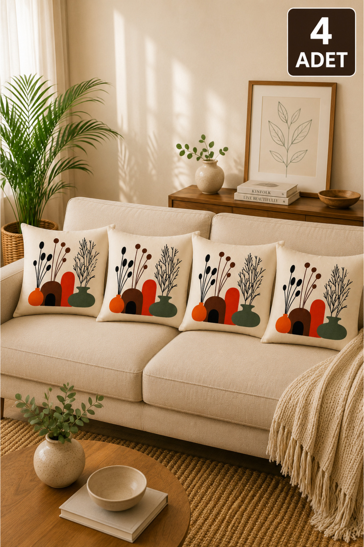 4’lü Punch Kırlent Kılıfı Seti – Aynı Renk ve Desen – Dekoratif Keten Kırlent 43x43 cm