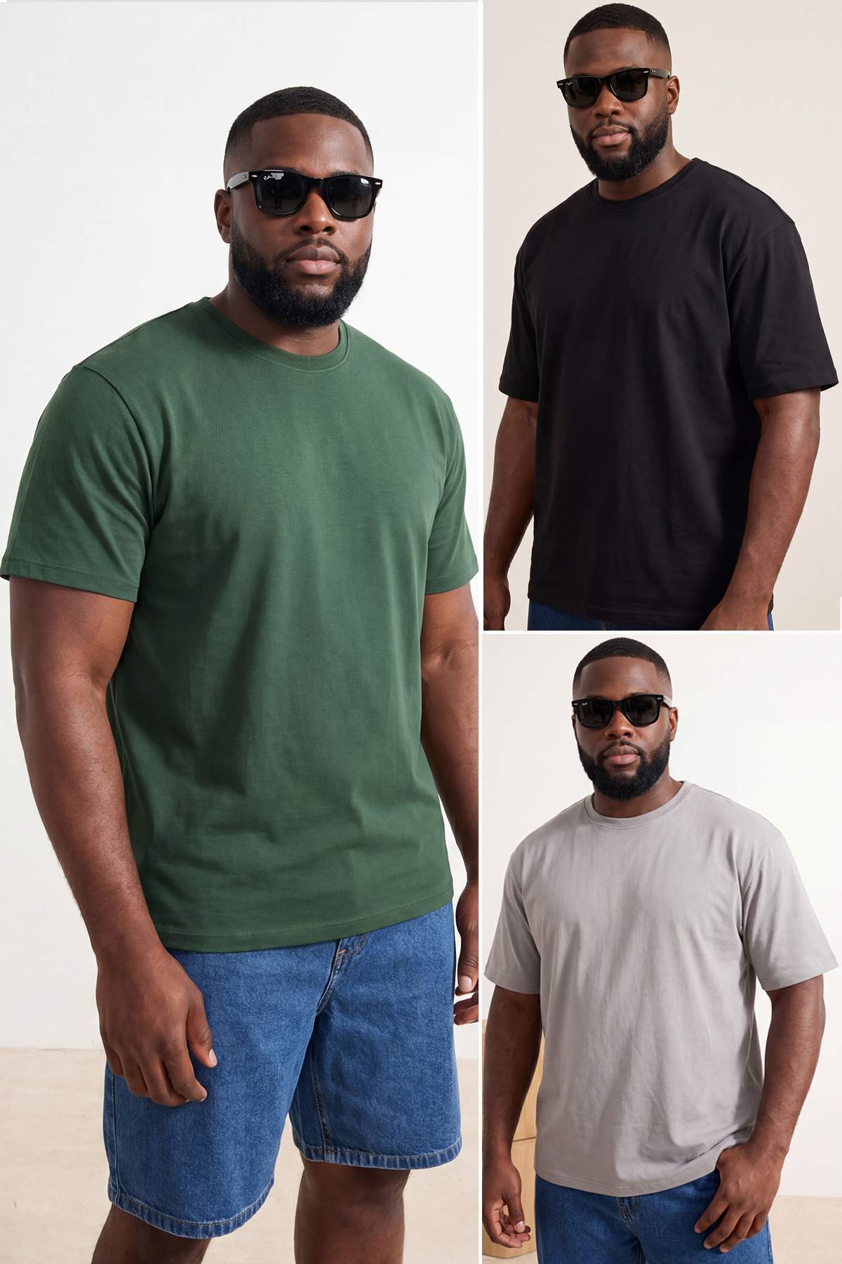 Trendyolmilla Man Siyah- Haki-Gri Regular/Rahat Kalıp 3'lü Paket Büyük Beden T-Shirt TMNSS24BF00059