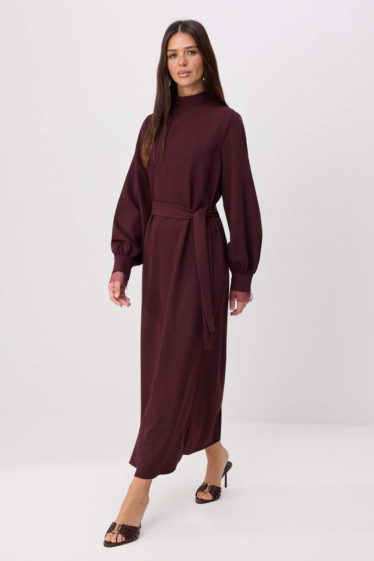 Trendyolmilla Modest Mürdüm Astarsız Kuşak Detaylı Dokuma Finike Tesettür Elbise TCTSS24EB00174