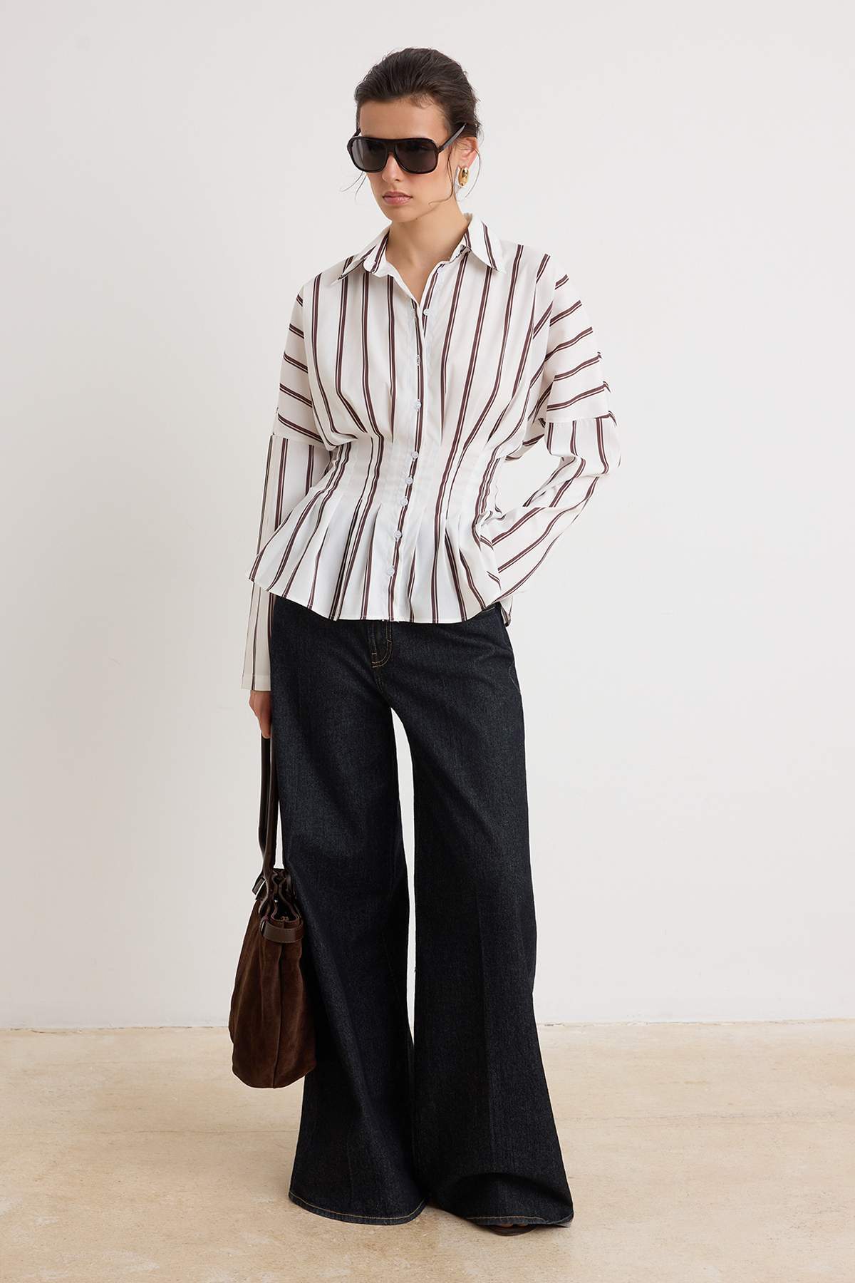 Trendyol Collection Ecru Brown Striped Lycra Waist-Fitted Shirt Twoaw26Go00113