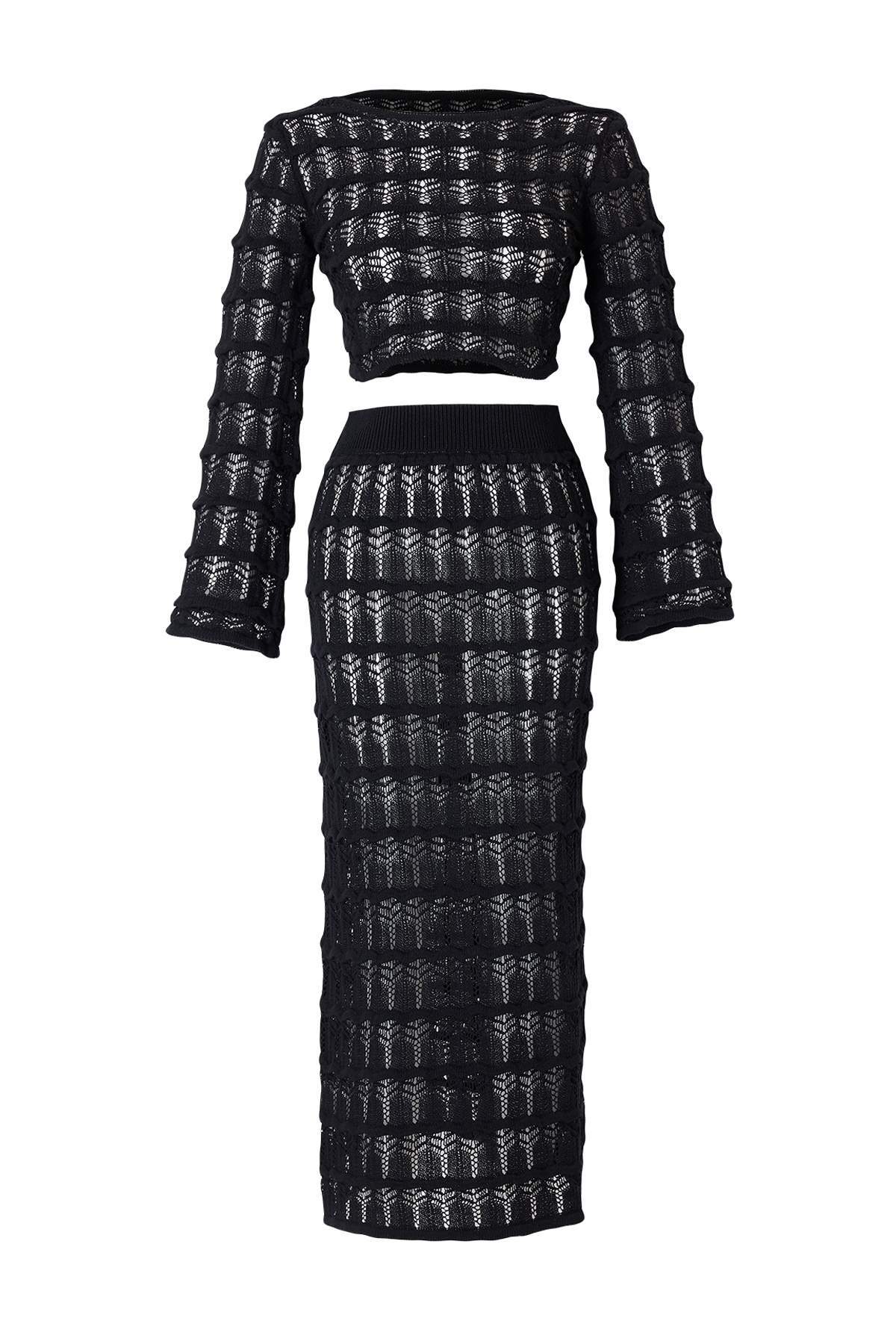 Trendyolmilla Siyah Triko Ajurlu Maxi Plaj Bluz Etek Takım TBESS26AU00104