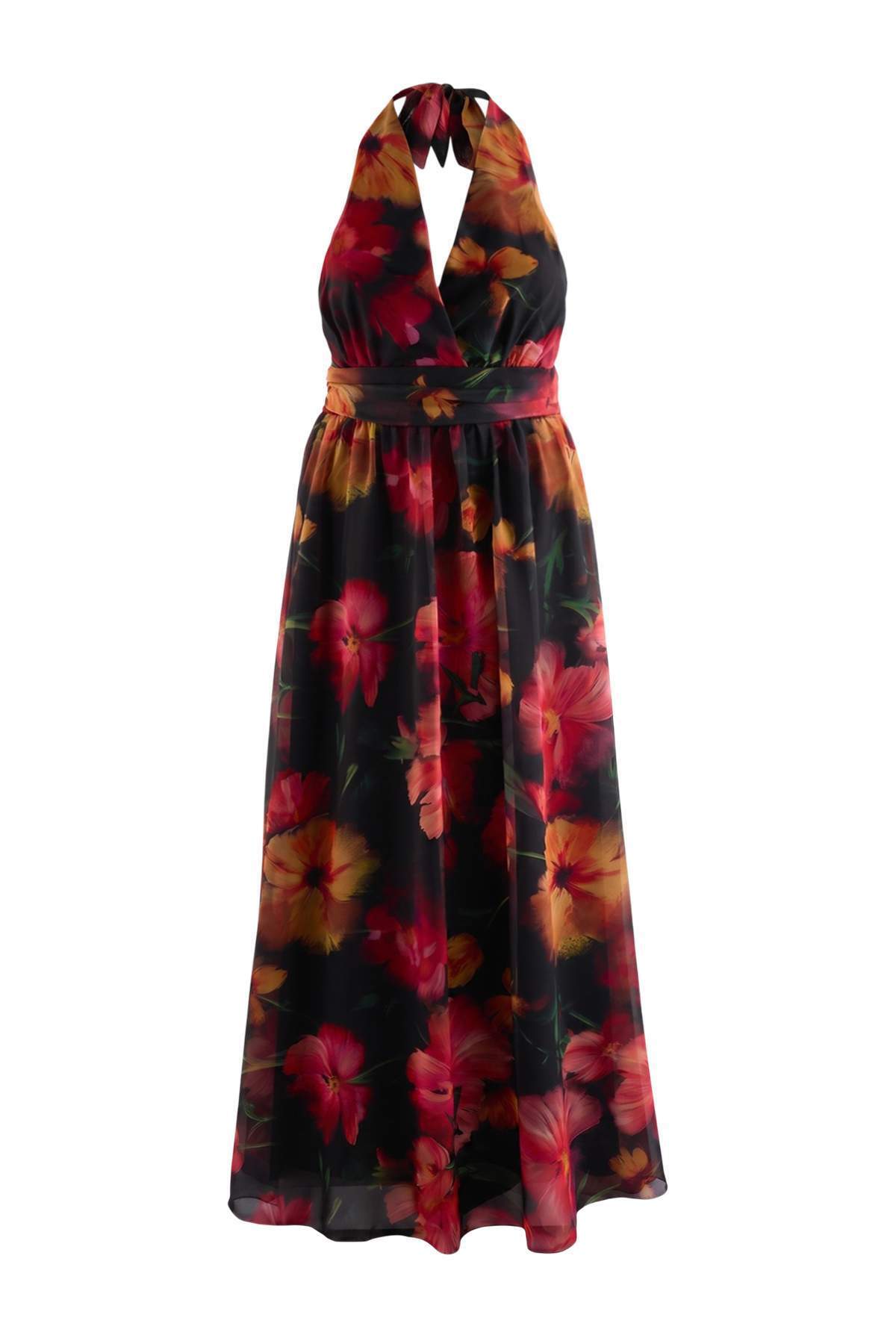 Trendyolmilla Curve Çok Renkli Maxi Şifon Dokuma Büyük Beden Abiye Elbise TBBSS26AH00014