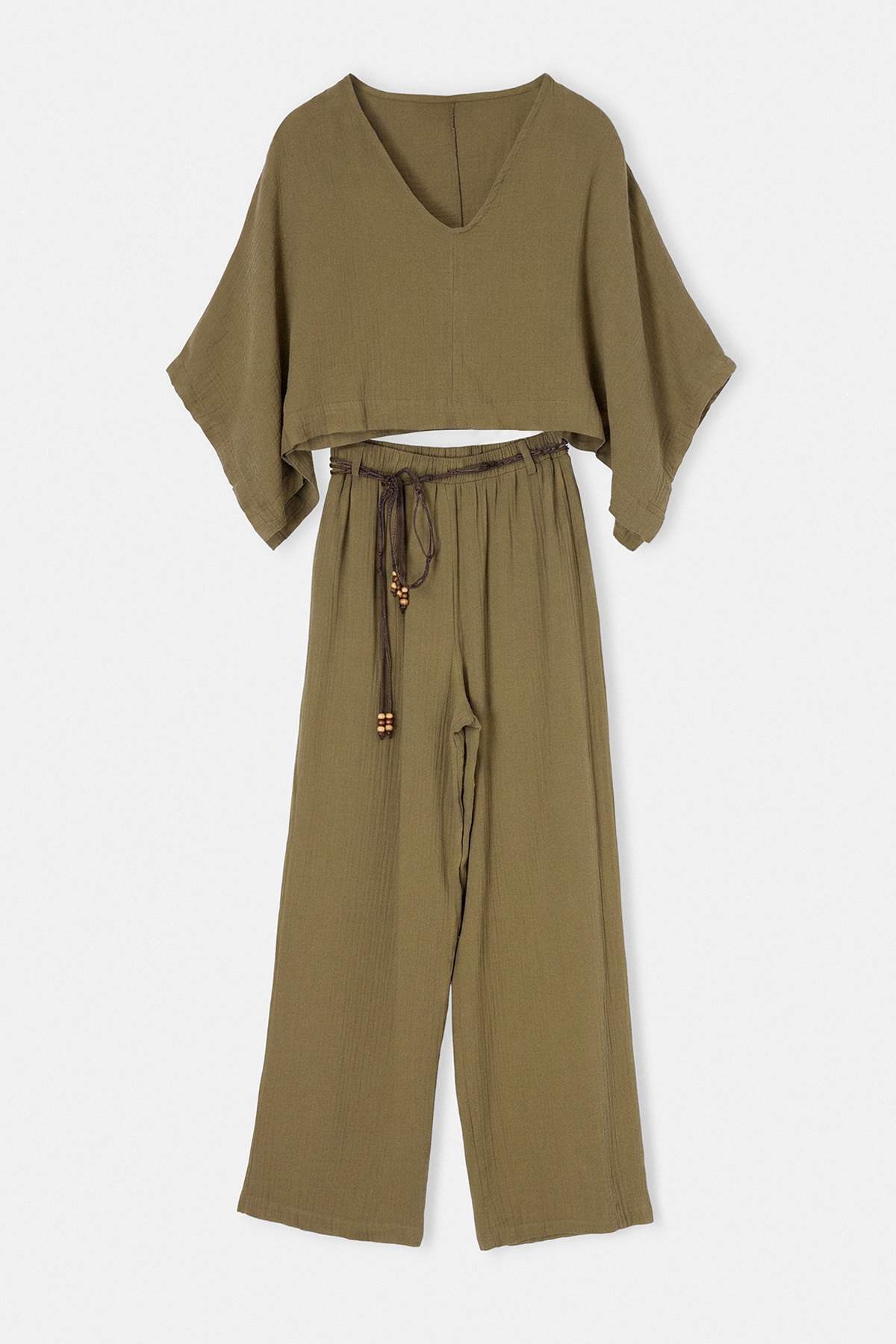 Drop by Trendyolmilla Müslin Yarasa Kol Crop Bluz Kemerli Geniş Paça Takım