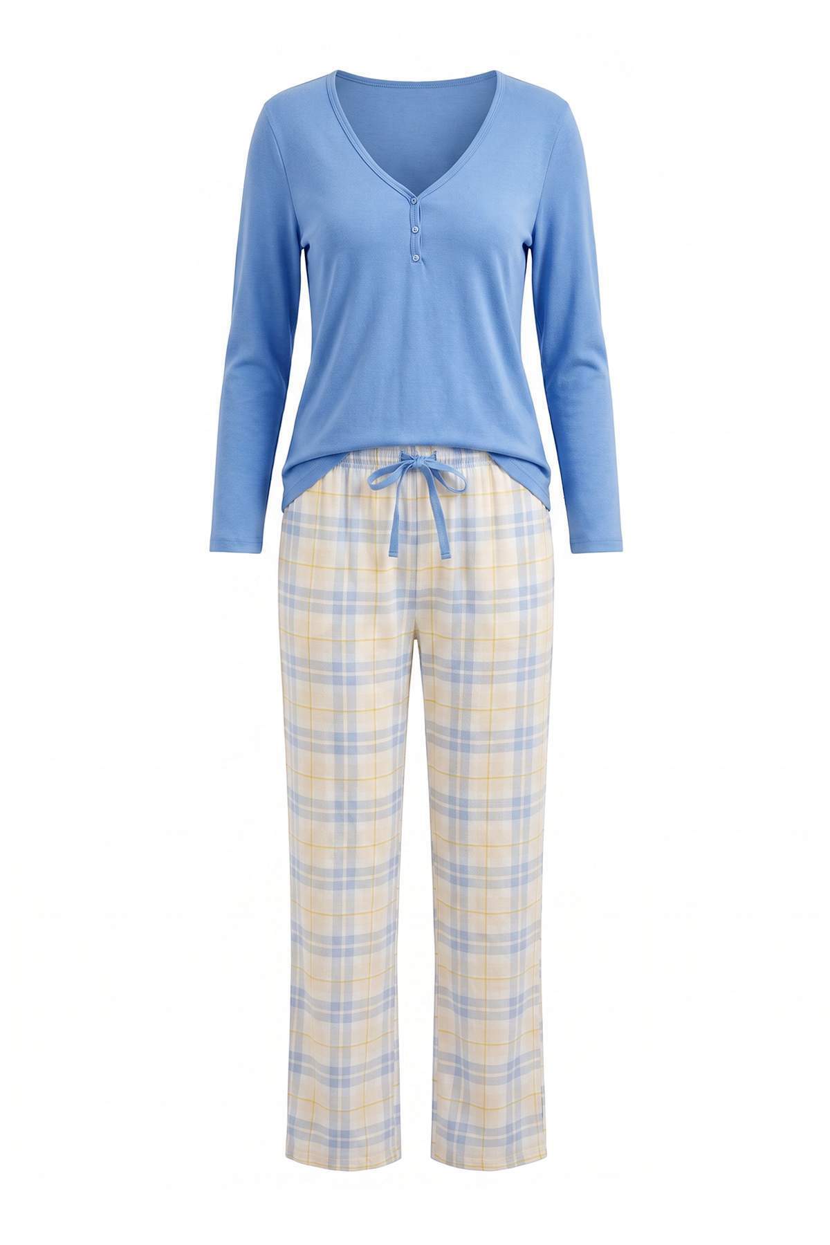 Trendyol Collection Blue 100% Cotton Plaid Tie-Detail and Button Detailed Knitted Pajama Set THMAW25PT00004