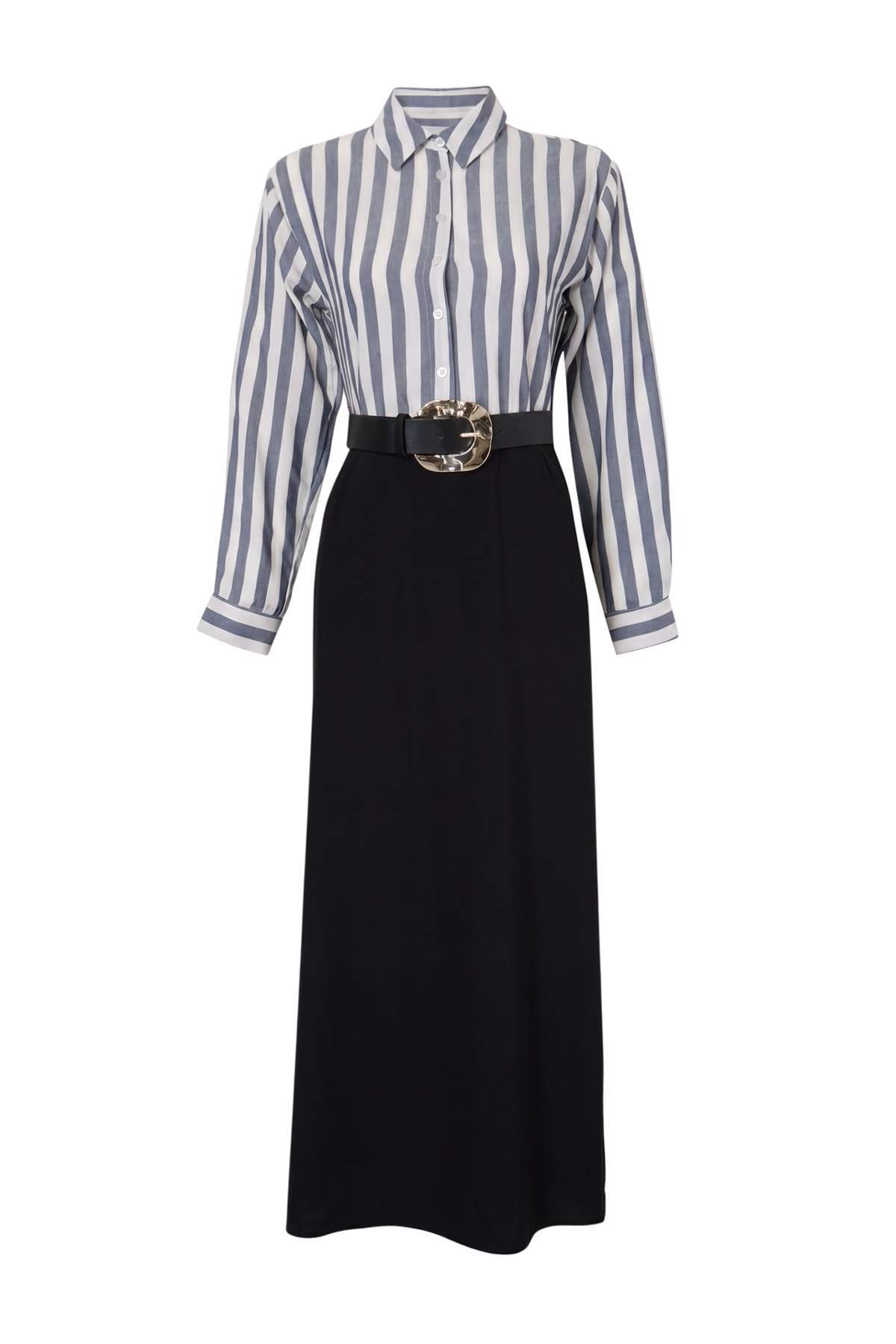 Trendyolmilla Modest Lacivert Astarsız Çizgili Dokuma Elbise&Tulum Terrycotton Tesettür Elbise TCTAW27EB00036