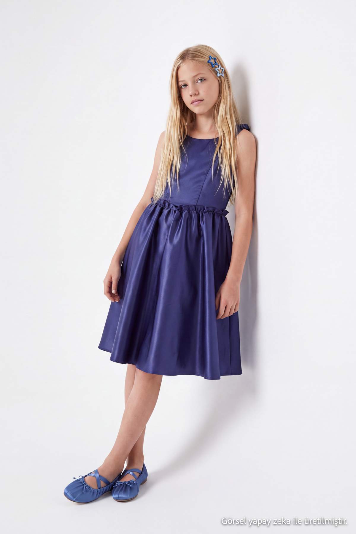 TRENDYOLKIDS Navy Blue Girl's Maxi Plain Woven Wedding Dress Tkdss26El00061