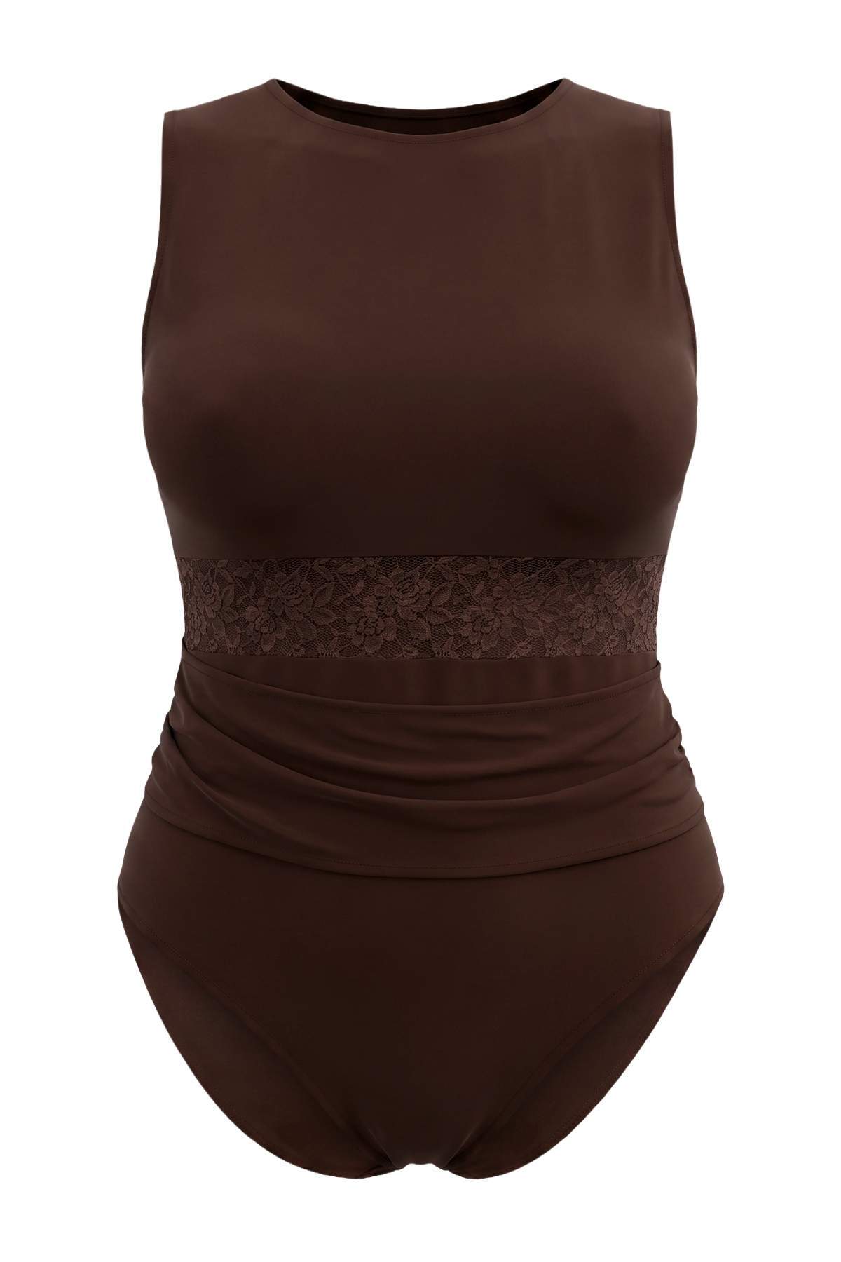 Trendyolmilla Curve Kahverengi Dantel Detaylı Büyük Beden Örme Bluz TBBSS26CS00014