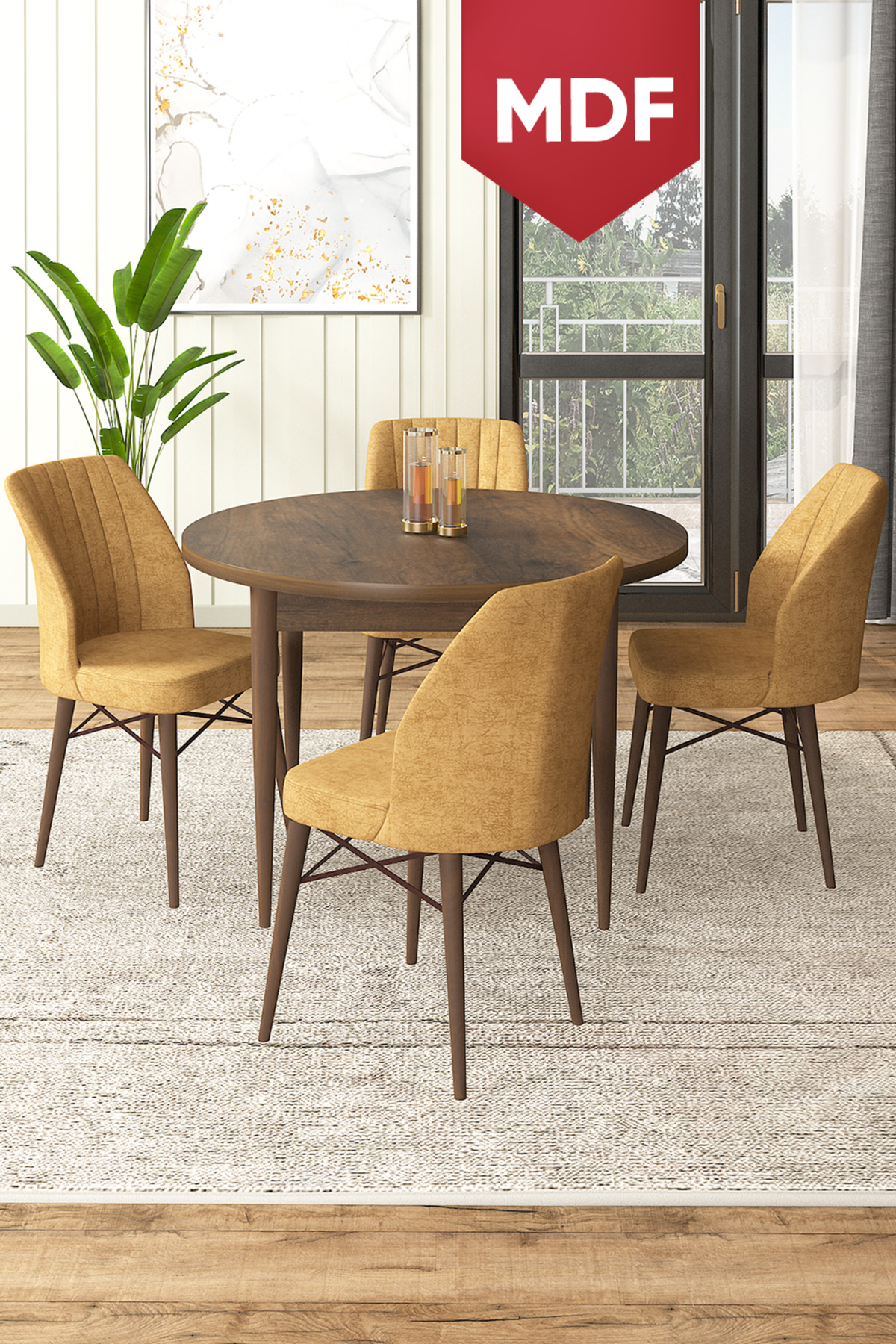 Rox Series MDF Round 90x90 Baroque Wood Pattern Fixed Table 4 Cappuccino Chair Kitchen Table Set