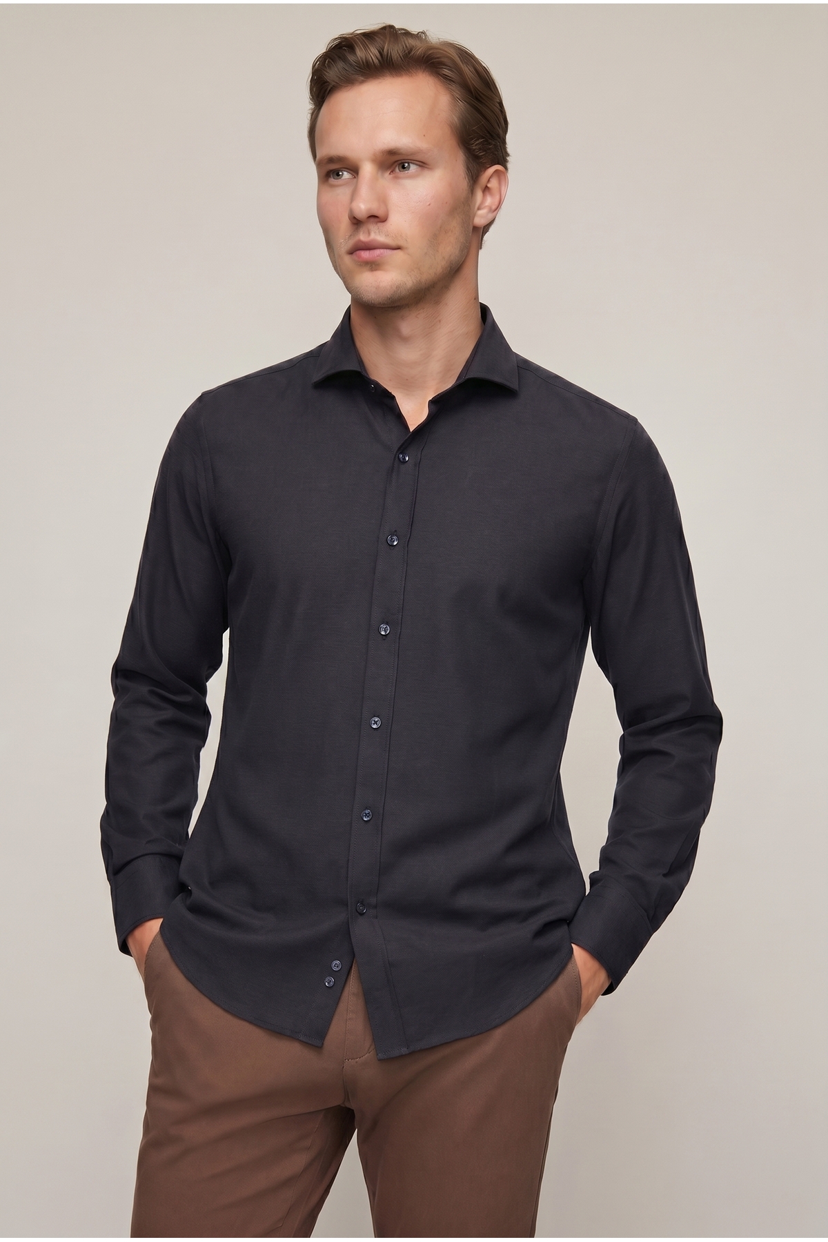 Ds Groom Slim Fit Navy Blue Classic Tie Down Long Sleeve Easy Iron Shirt
