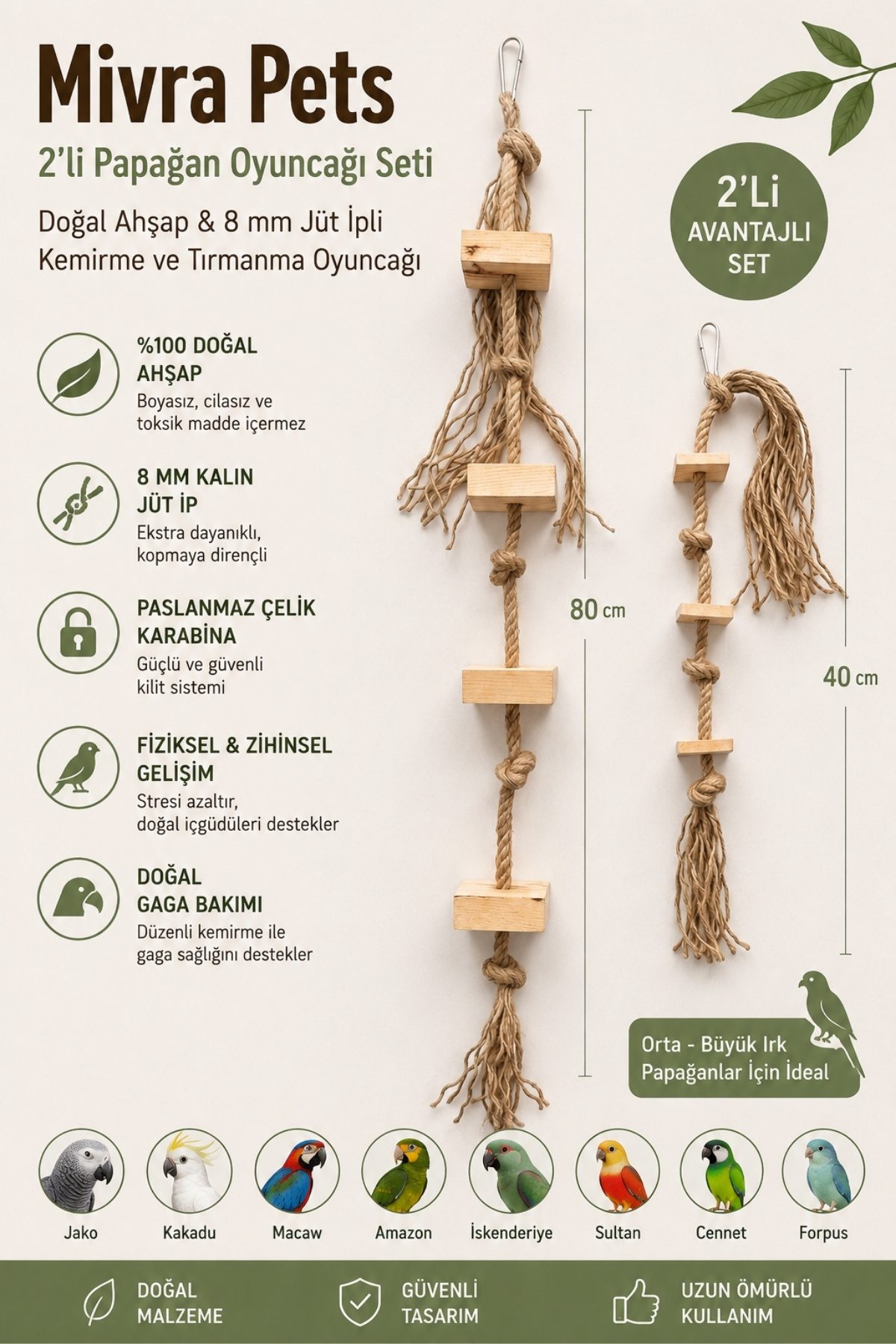 Mivra Pets Papağan Kemirme ve Parçalama Oyuncağı Doğal Ahşap 80 cm 8 mm Jüt İp - Fiyatı, Yorumları