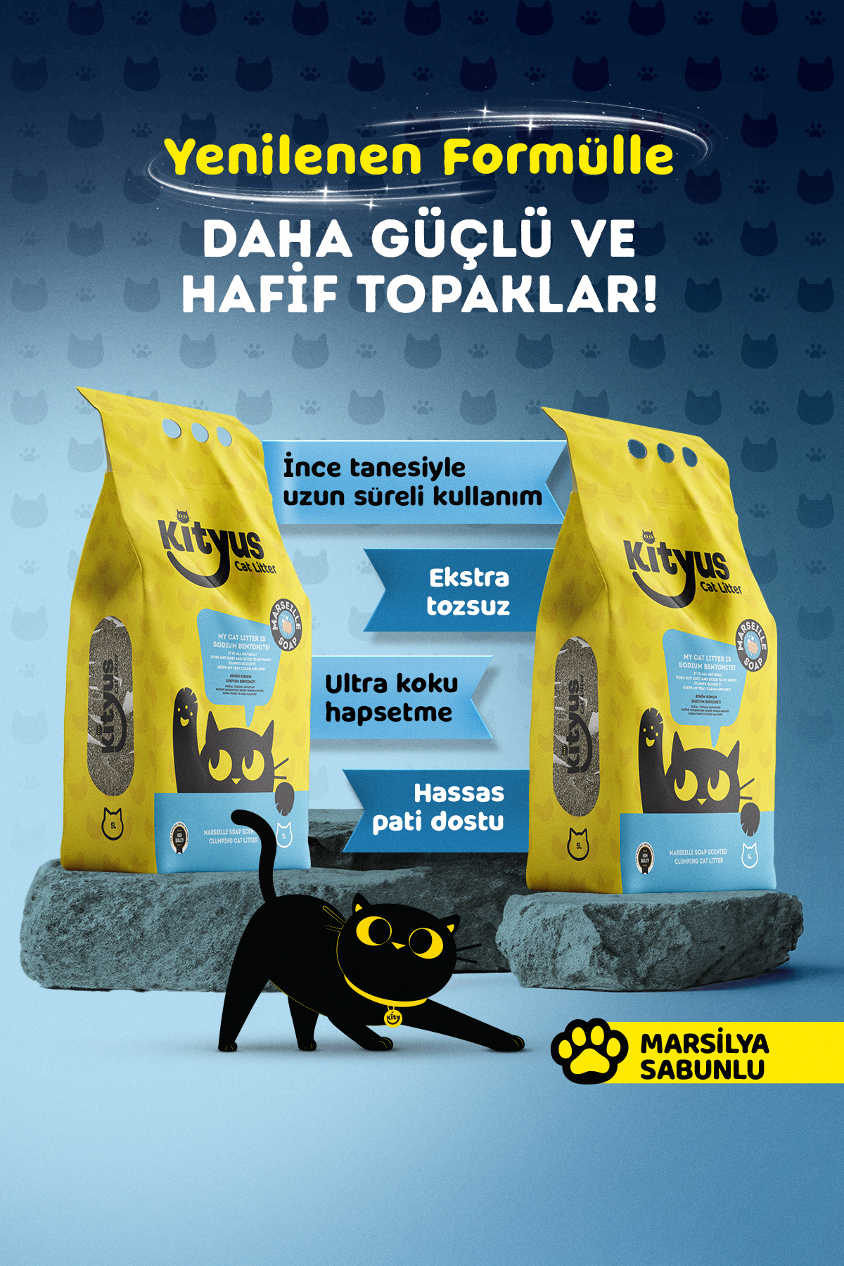 Kityus 2’li Avantaj Paketi Ekstra Hijyenik İnce Taneli Topaklanan Tozsuz Marsilya Sabunlu Kedi Kumu 2x5lt