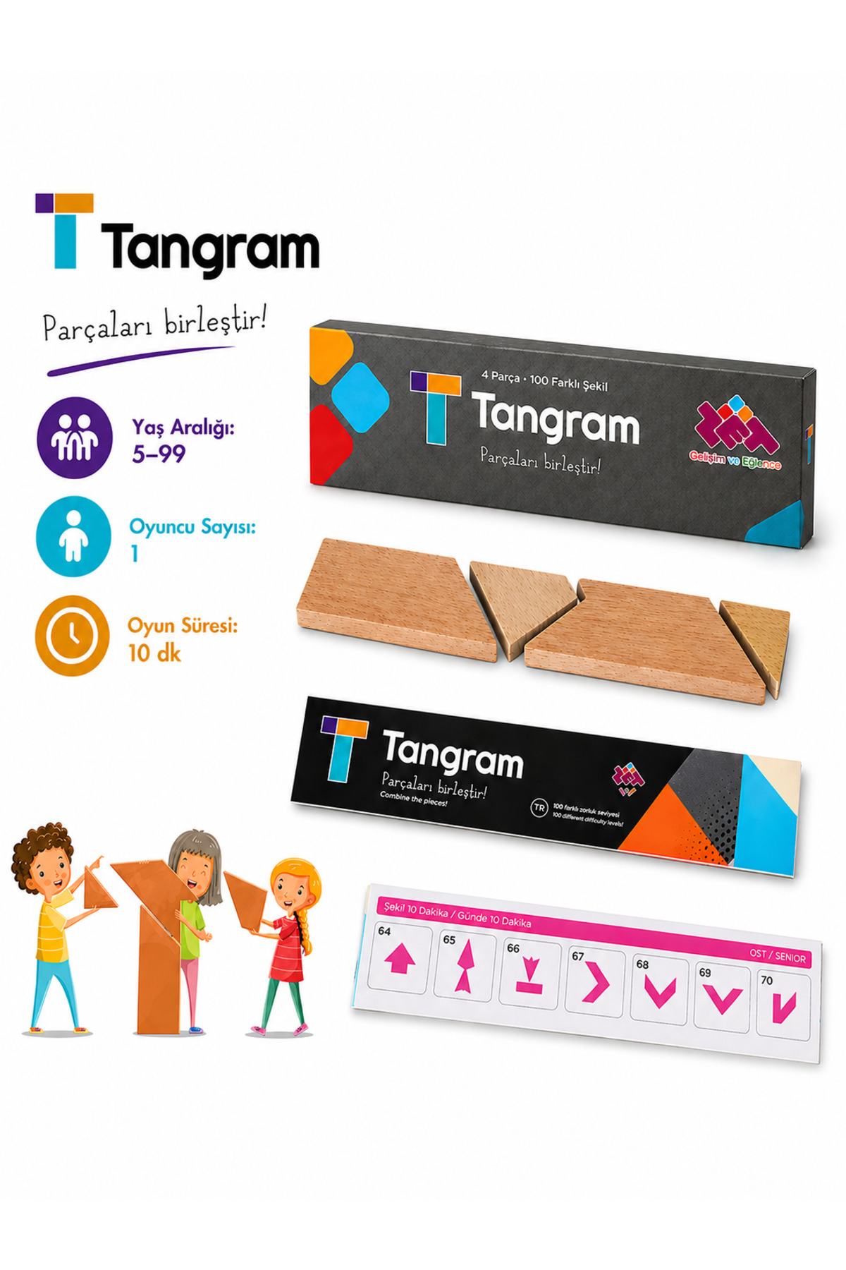 T TANGRAM Wooden Intelligence Game (4 Pieces 100 Different Shapes) 5+ Age 1+ Player