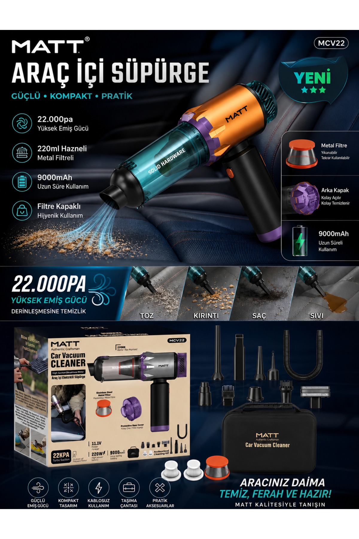 DEANB 22000Pa 220W Ultra Güçlü 9000mAh Kablosuz Araç İçi Süpürge