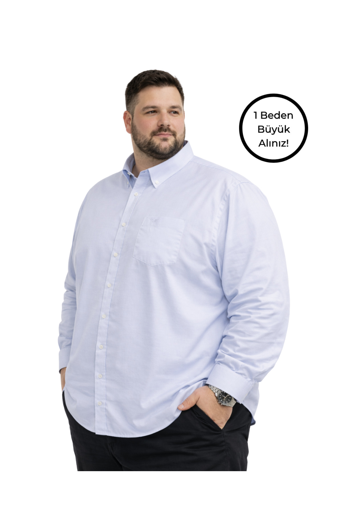 BattalModa Erkek Büyük Beden Açık Mavi Uzun Kollu Gömlek 3XL-4XL-5XL-6XL-7XL-8XL görsel 2