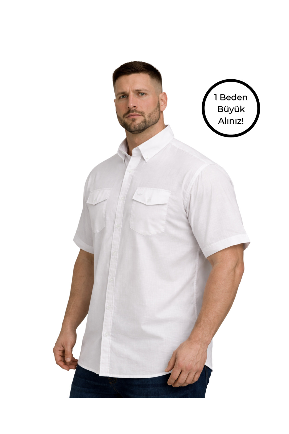 BattalModa Erkek Büyük Beden Beyaz Çift Cepli Kısa Kollu Gömlek 3XL-4XL-5XL-6XL-7XL-8XL görsel 2