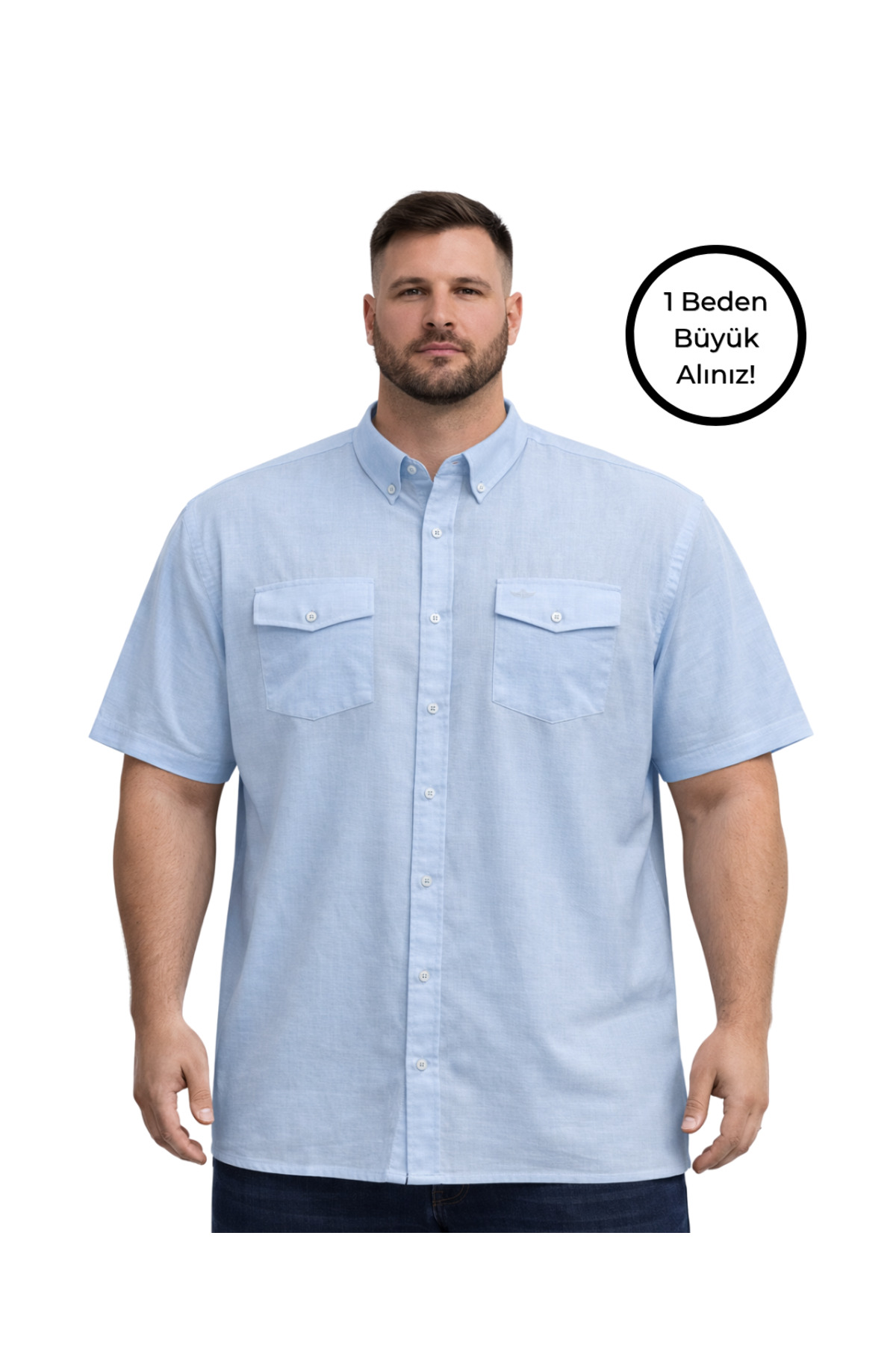 BattalModa Erkek Büyük Beden Havacı Çift Cepli Kısa Kollu Gömlek 3XL-4XL-5XL-6XL-7XL-8XL