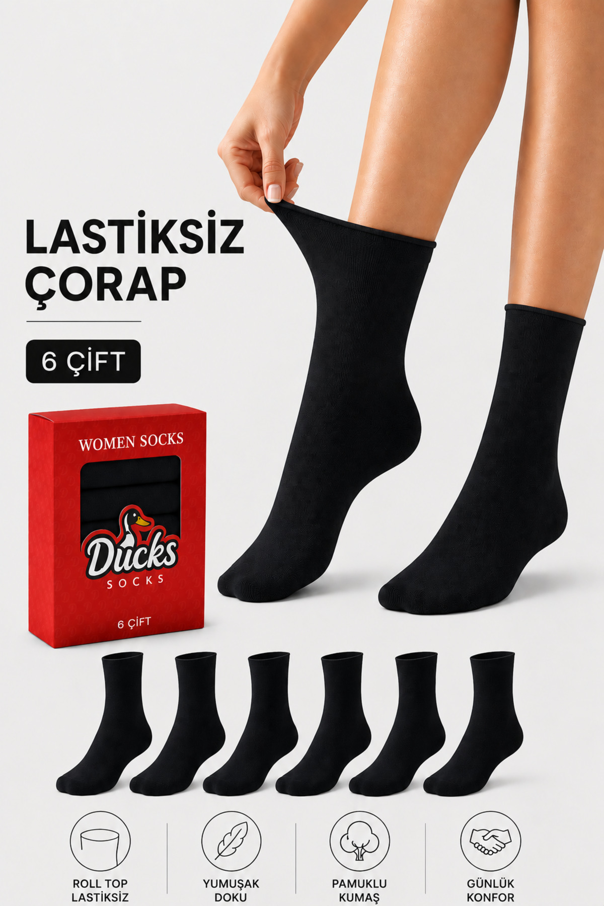 Women's Black 6-Pack Cotton Boxed Elastic Socks Diabetic Friendly Seamless Traceless Long Taperless Socks