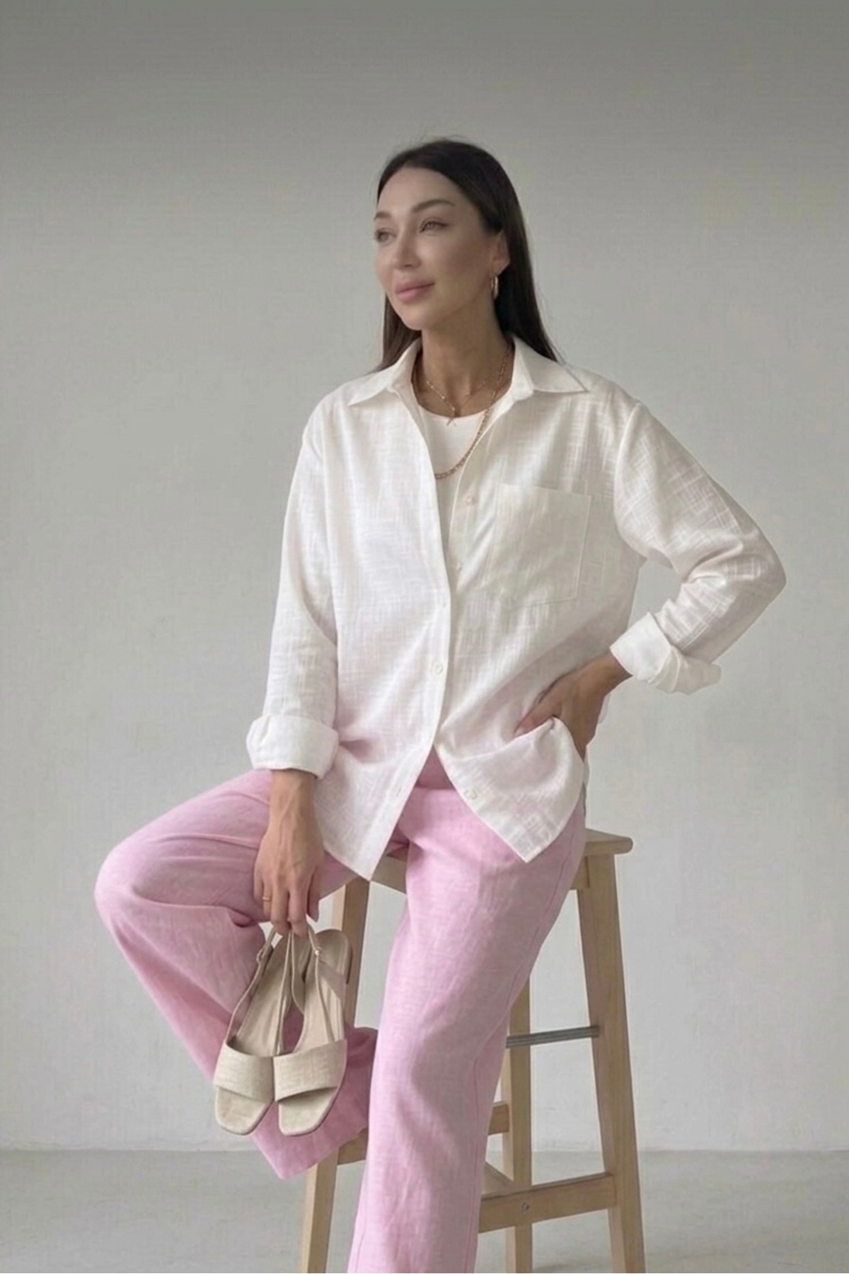 ELLEGANT Yeni Sezon Oversize Kadın Keten Gömlek görsel 5