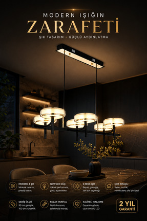 Elvora Home Modern (PREMİUM) Sarkıt LED Avize 120W 3 Renk Modlu Ayarlı Siyah ...