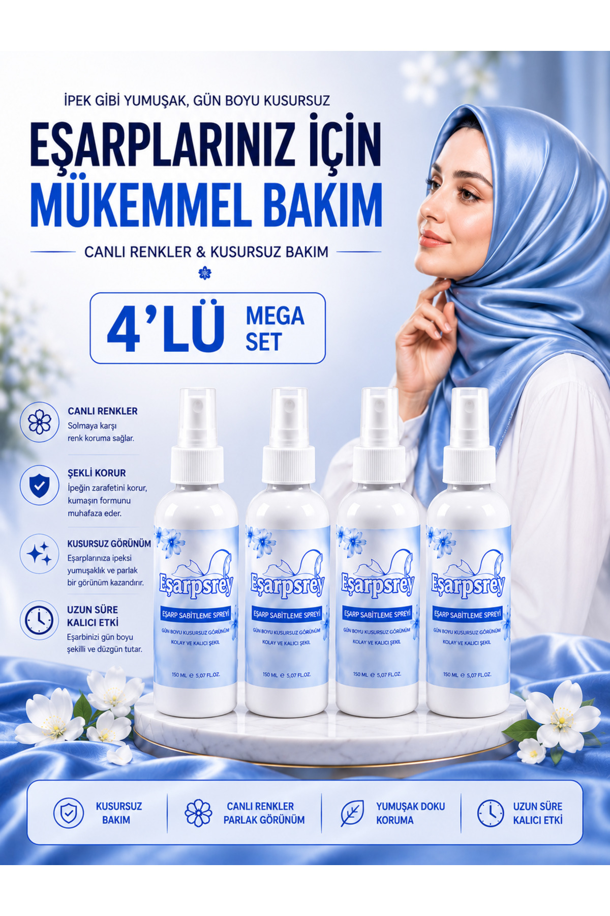 EŞARPSREY 4'LÜ DEV PAKET- KALICI ŞEKİLLENDİREN VE ANINDA SABİTLEYEN İPEK ŞAL/EŞARP SPREY SET (4 ADET) — 04-EŞARPSPREY