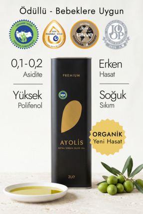 Ayolis Premium Organik Zeytinyağı 2 Lt Ödüllü Soğuk Sıkım Natürel Sızma Zeyti...