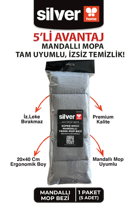 SİLVER HOME Mikrofiber 5 Adet Mandallı Mop Uyumlu Süper Emici Lazer Kesim Yoğ...