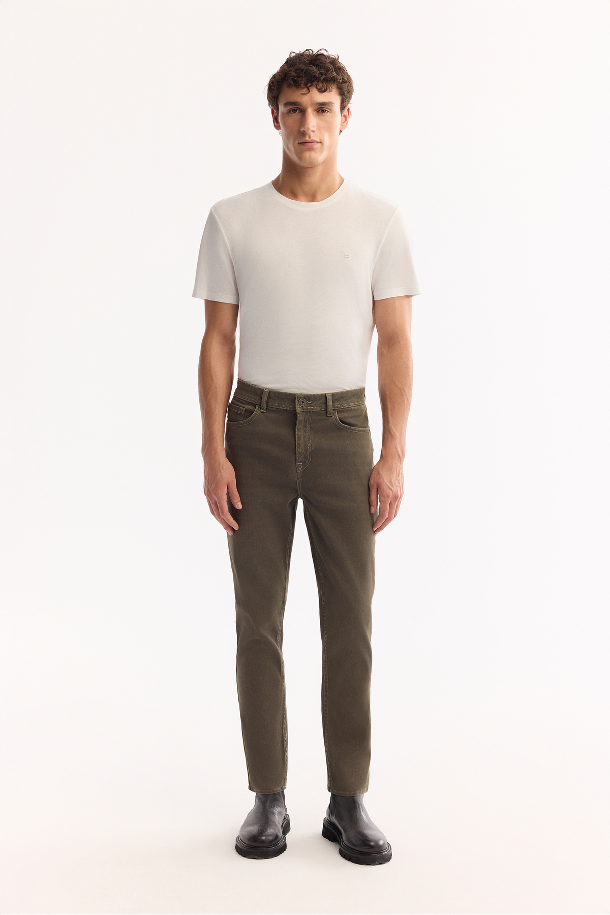 Men's Khaki Classic Waist Cotton Antique Washed Roman Crop Slim Fit Jean Pants A52Y3514