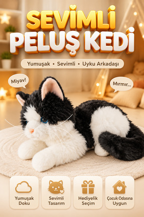 viyolmarketim Sesli Miyavlayan Peluş Kedi 35 cm – Siyah Yumuşak Oyuncak, Uyku...