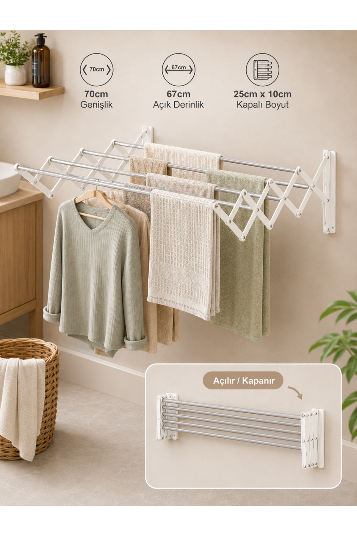 Accordion 70cm Laundry Drying Hanger Wall Mounted Foldable Drying Bathroom Balcony White