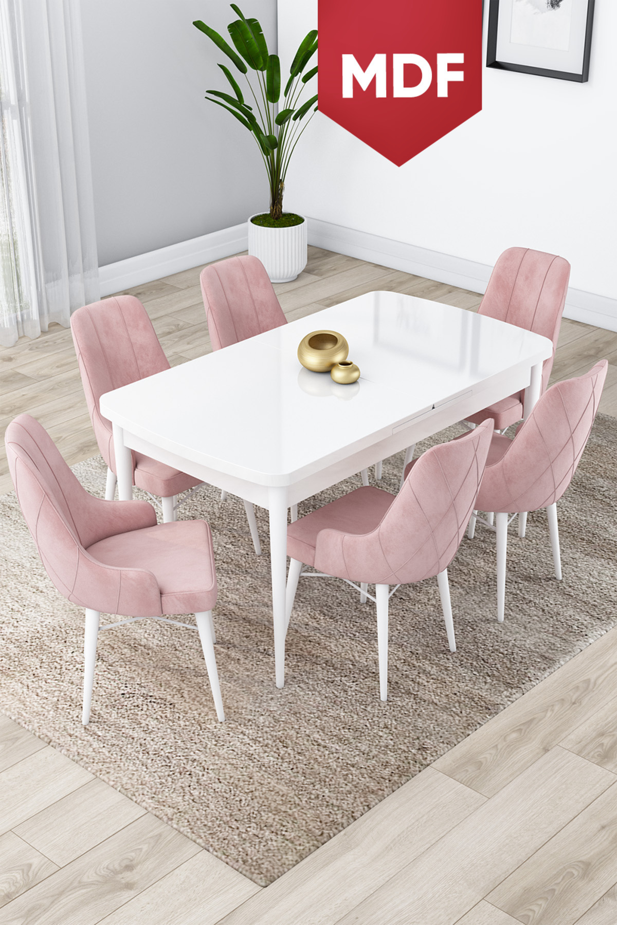 Lia Series 80x132 MDF Retractable Kitchen Table Set White Table 6 Pink Chairs
