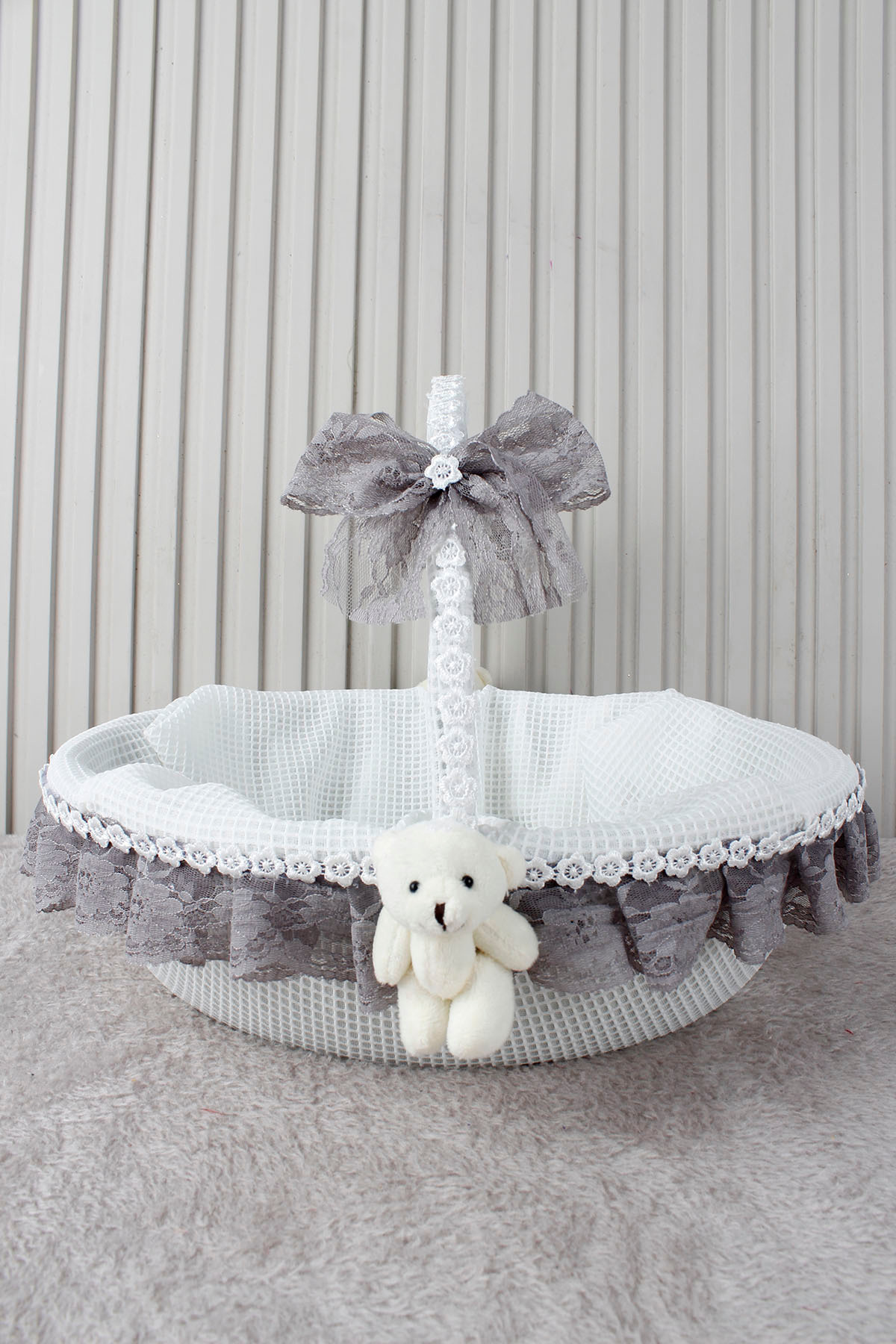 Grey Lace Teddy Bear Baby Basket - Baby Shower, Newborn, Mevlüt, Forty Flies, Gift
