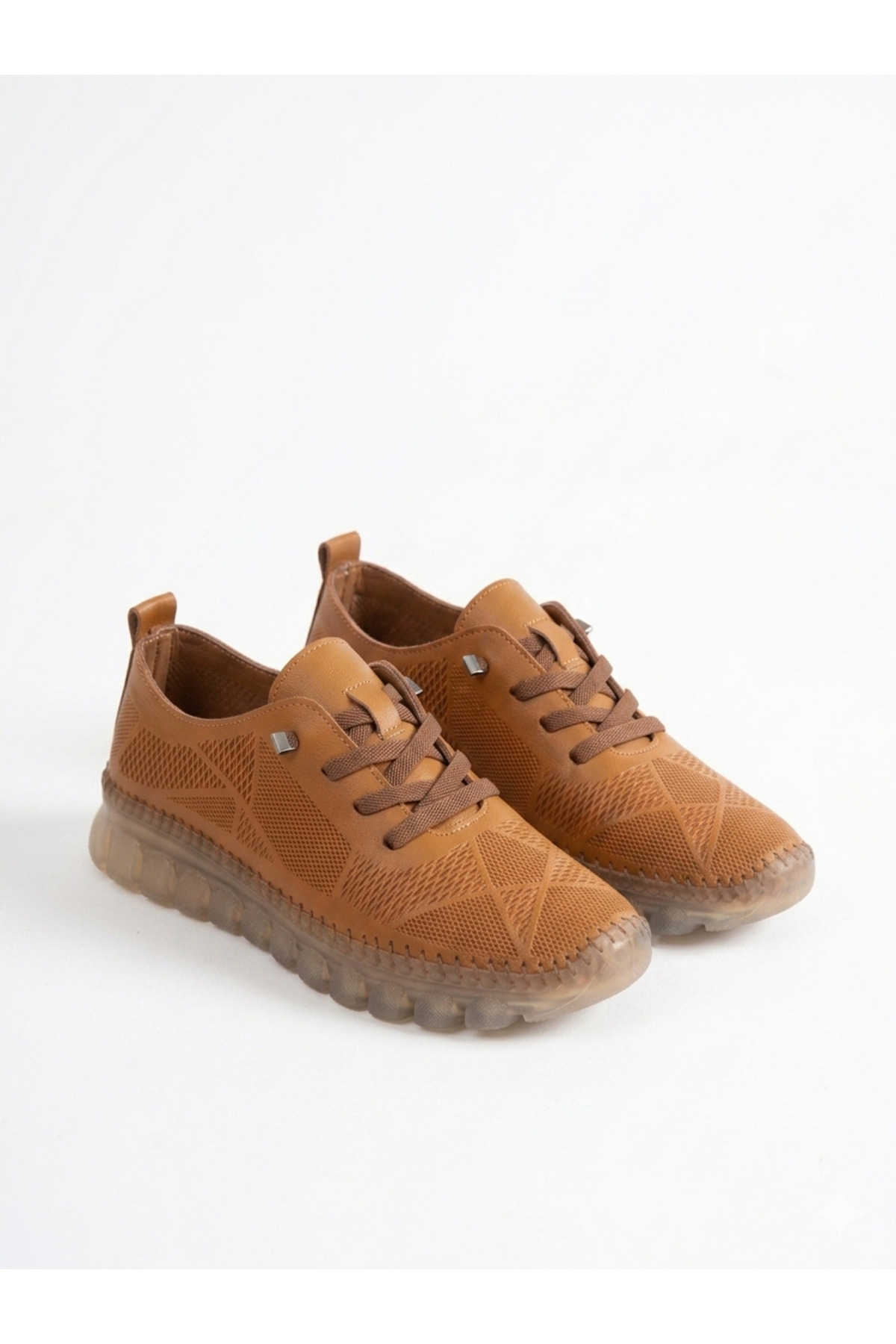 Genuine Leather Tan Laser Cut Transparent Sole Orthopedic Women's Shoes