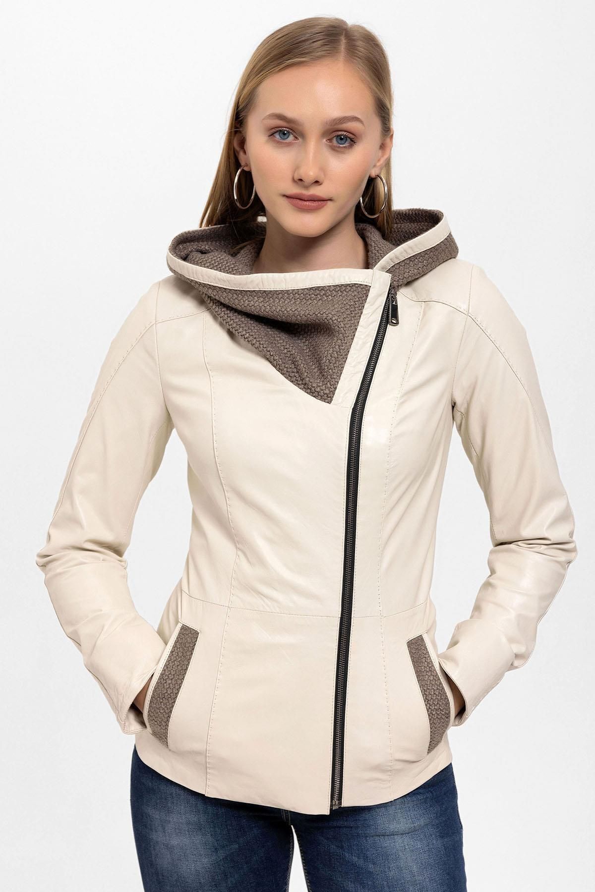 Beige Antonia Knitwear Hooded Women Genuine Leather Coat