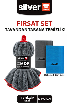 SİLVER HOME Ekstra Kalın Büyük Jumbo Mop Ucu 265 GSM + 2 Adet Cam Bezi Temizl...
