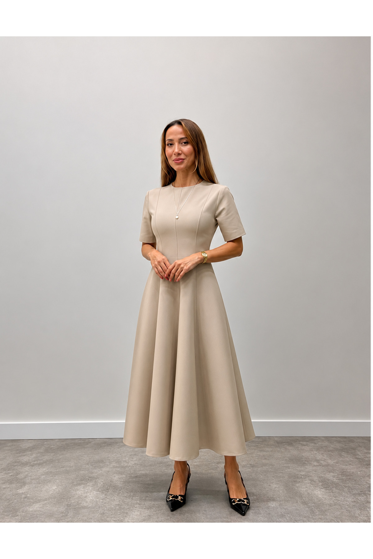 Women's Maxi Size Flared Princess Beige Dress