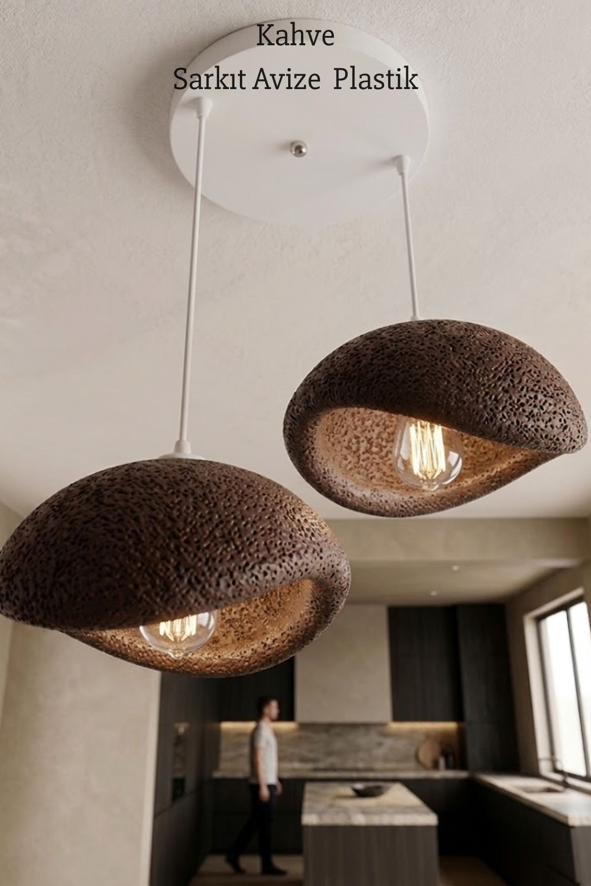 Modern Bohem Beton Görünümlü 2’li Sarkıt Avize Salon Oturma Odası İçin Ampul Uyumlu Dekoratif Model