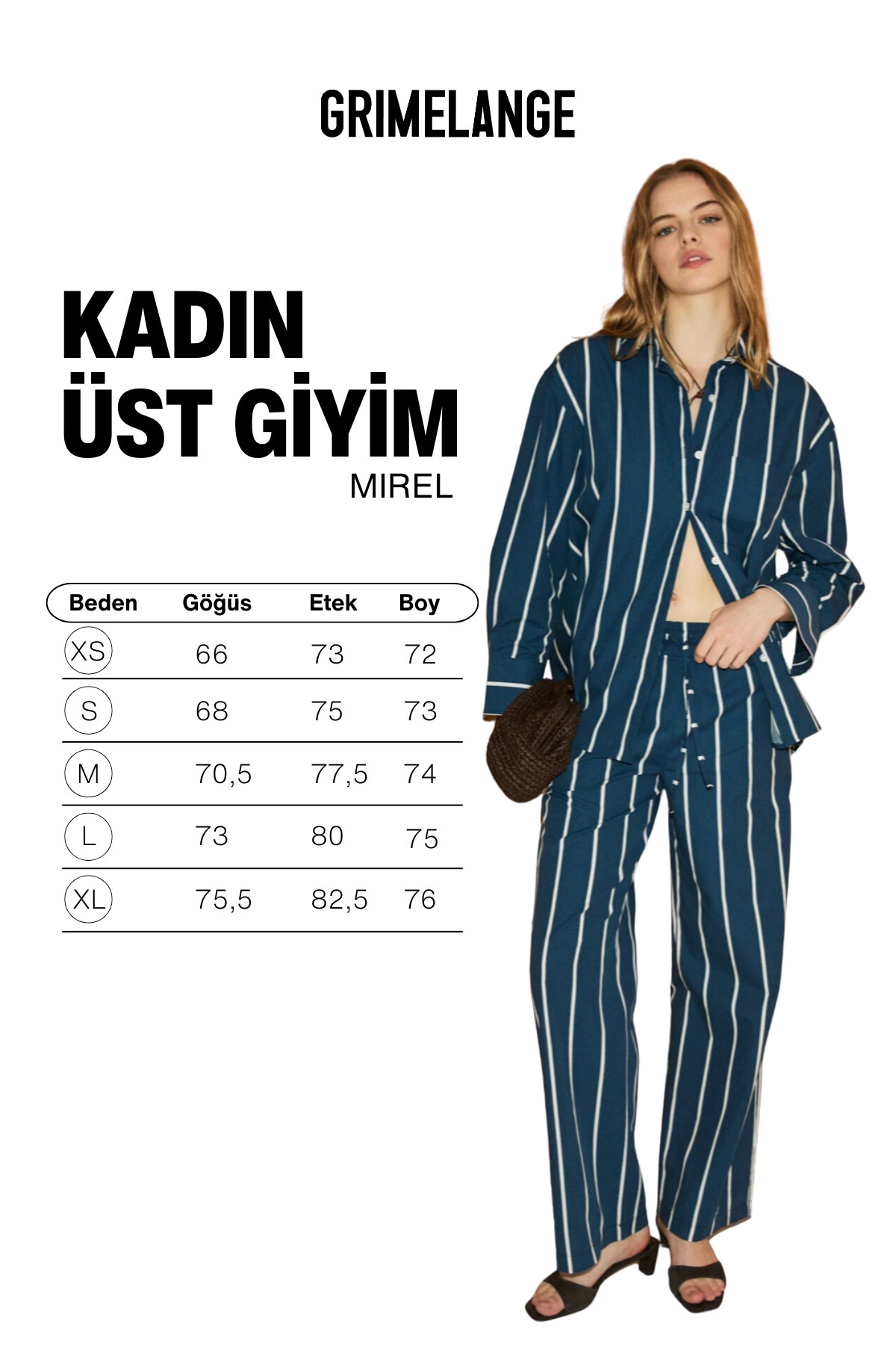 GRIMELANGE MIREL Kadın Oversize Fit %100 Organik Pamuklu Lacivert-Çizgili Gömlek görsel 7