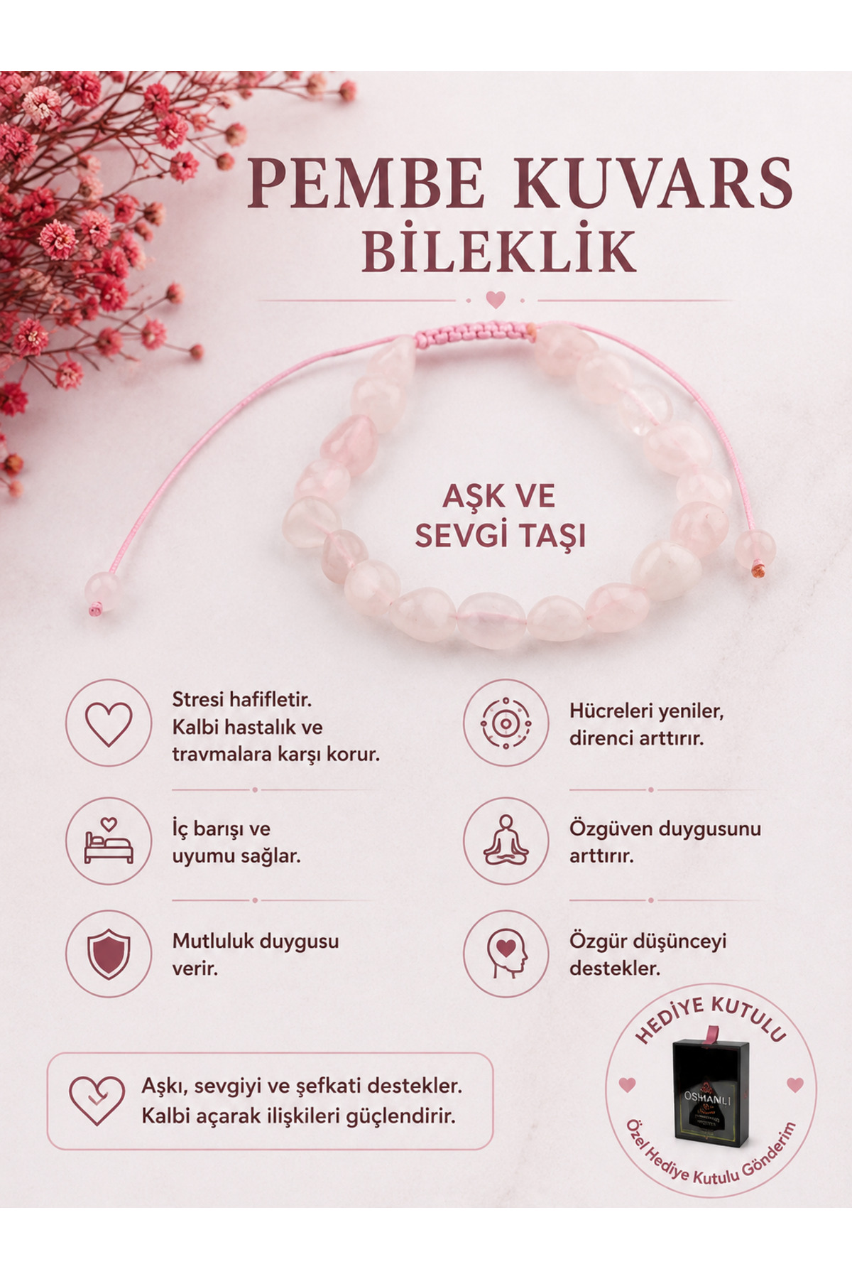OSMANLI DOĞAL TAŞ Sertifikalı Pembe Kuvars Doğal Taş Bileklik B700