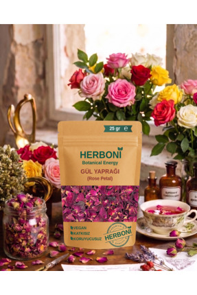 HERBONİ Gül Çayı Kurutulmuş Gül Yaprakları, Dried Edible Rose Petals, Doğal v...