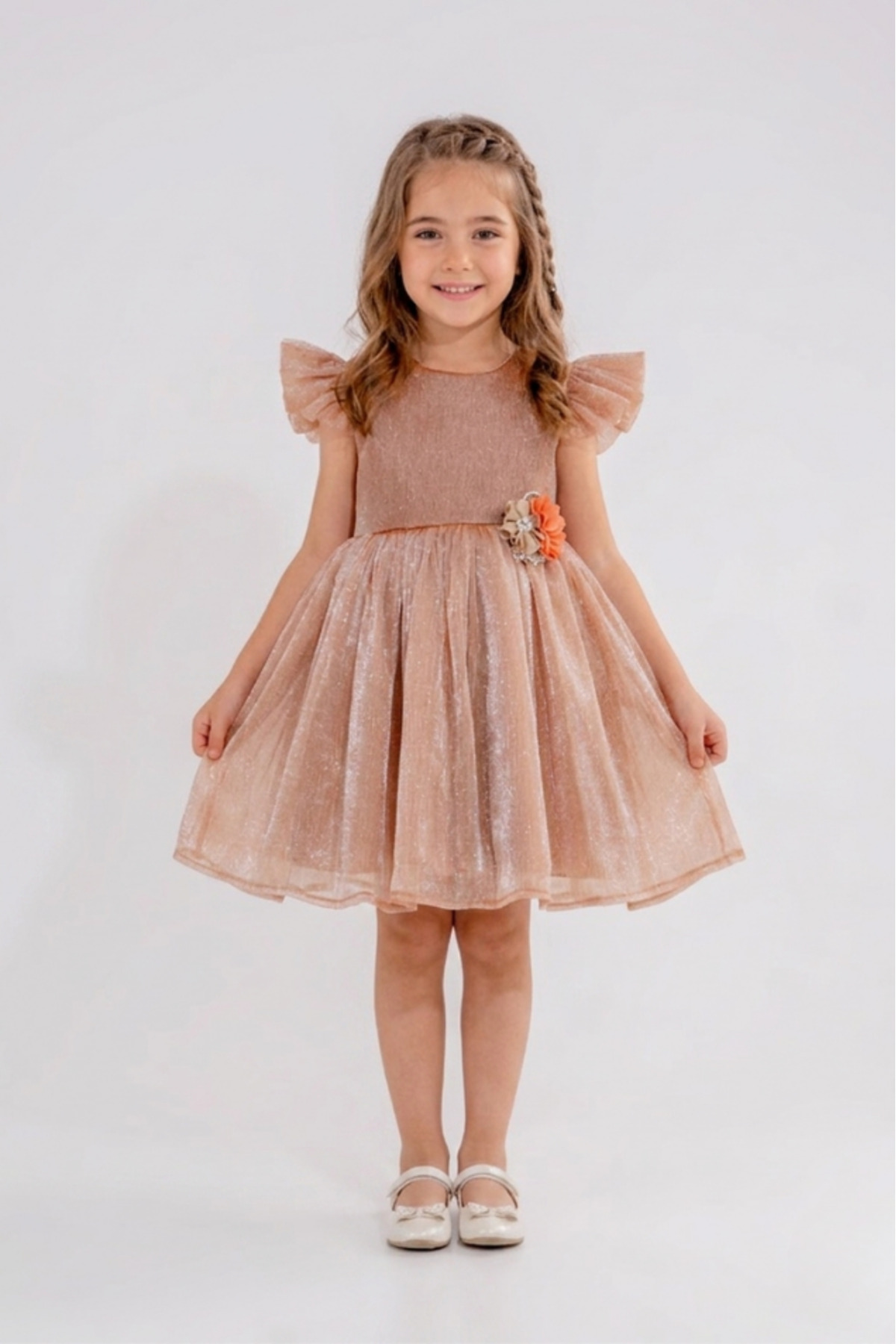 Eray Kids Kolları Fırfır Detaylı Çiçekli Kız Çocuk Abiye Elbise