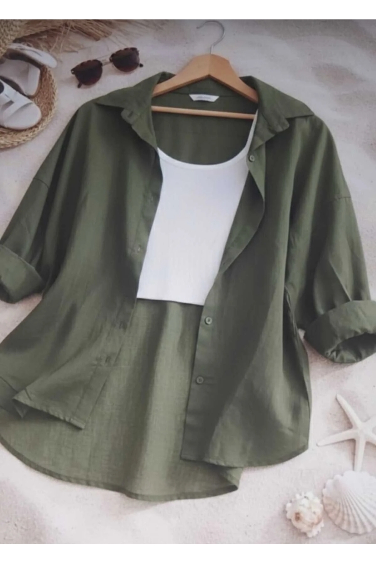blackbonds Women's Oversized Khaki Green Linen Shirt – Summer Collection